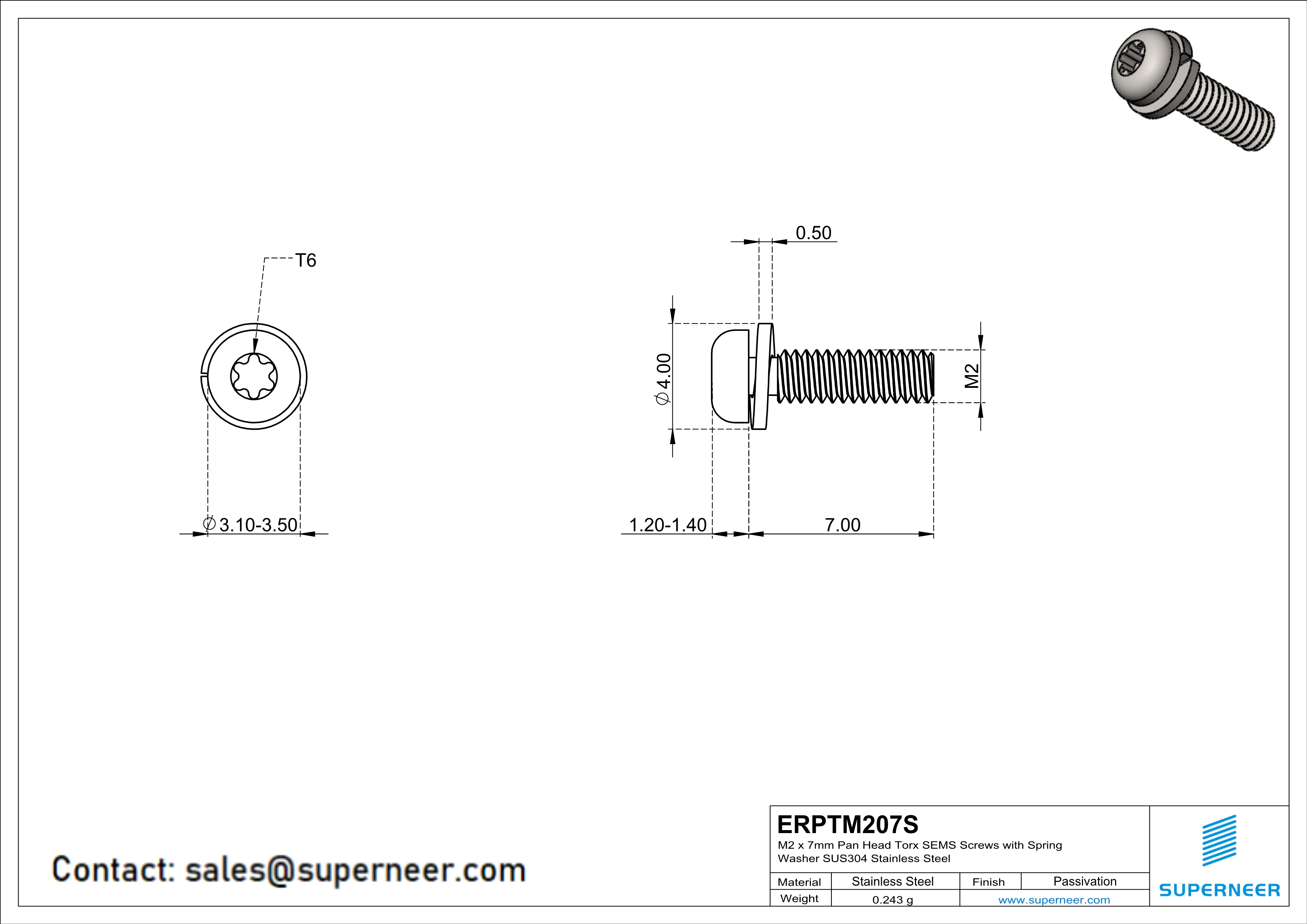 M2 x 7mm Pan Head Torx SEMS Screws with Spring Washer SUS304 Stainless Steel Inox