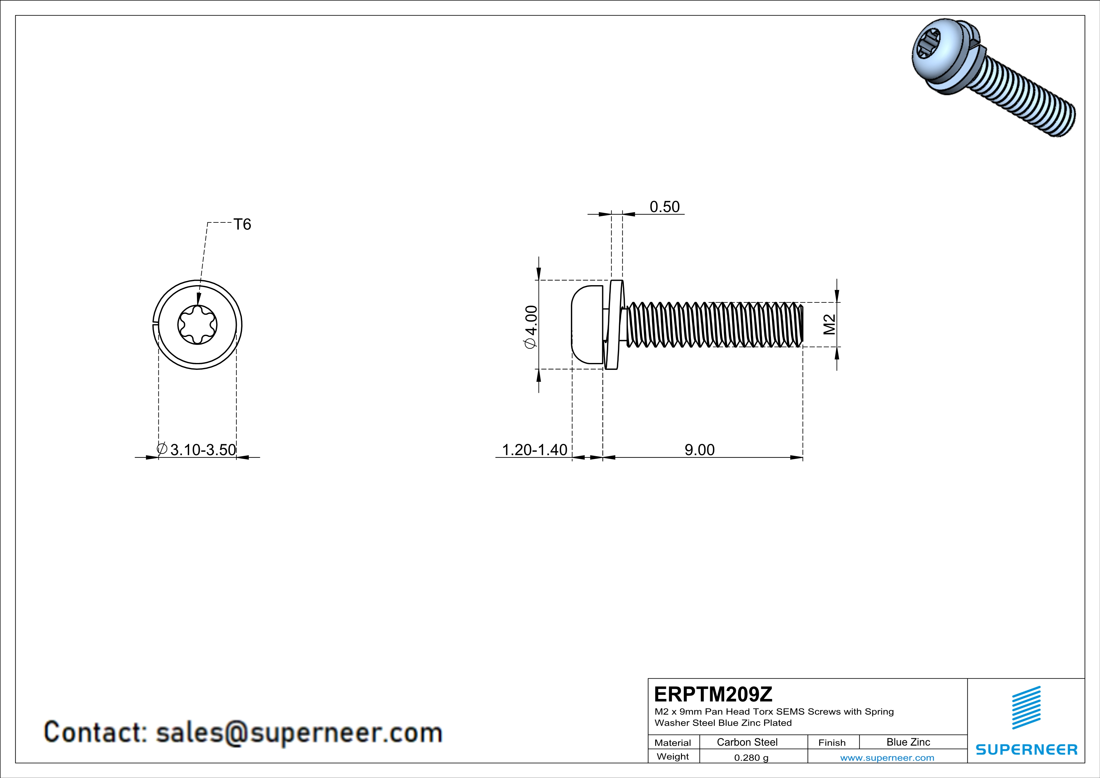 M2 x 9mm Pan Head Torx SEMS Screws with Spring Washer Steel Blue Zinc Plated