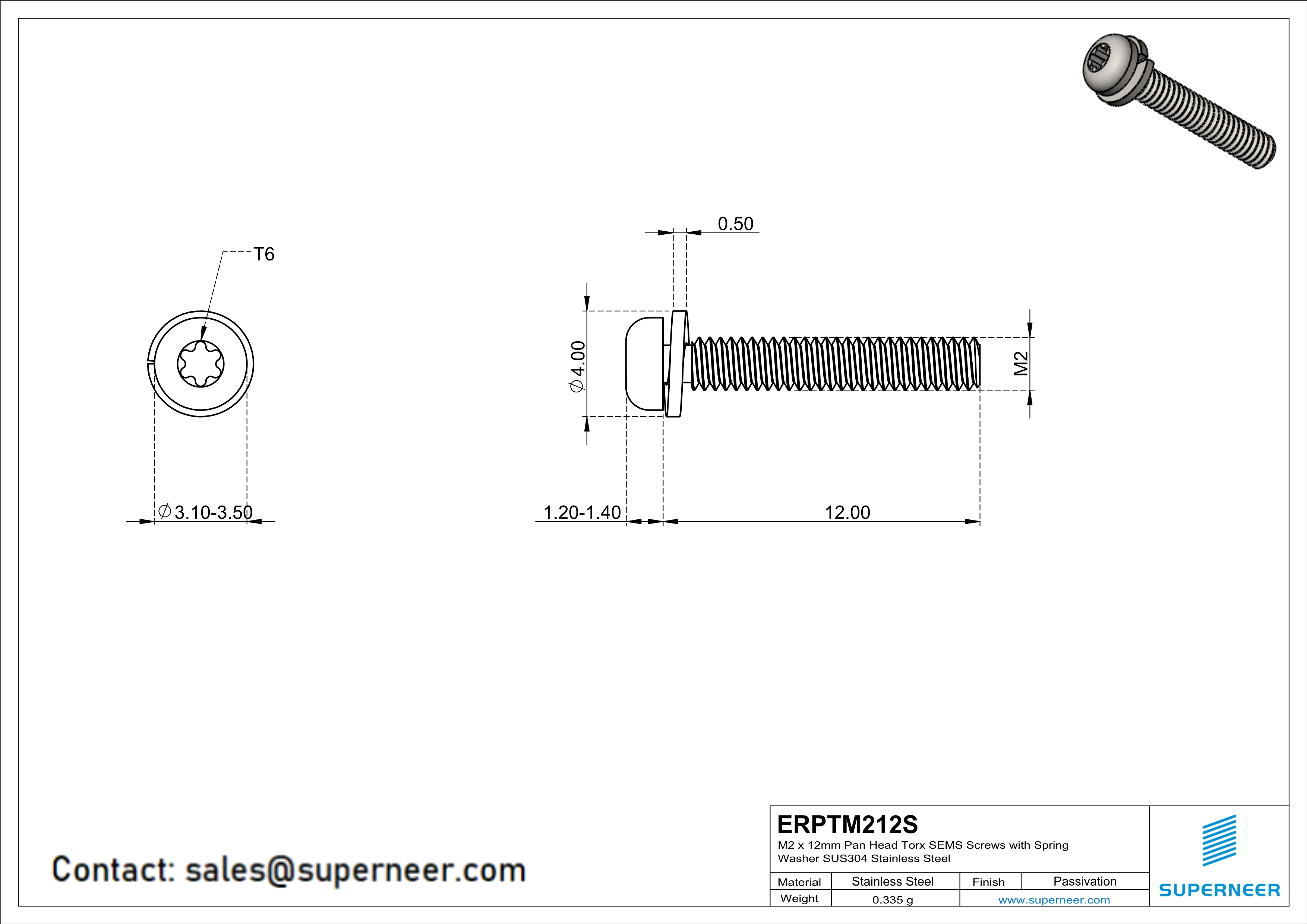 M2 x 12mm Pan Head Torx SEMS Screws with Spring Washer SUS304 Stainless Steel Inox