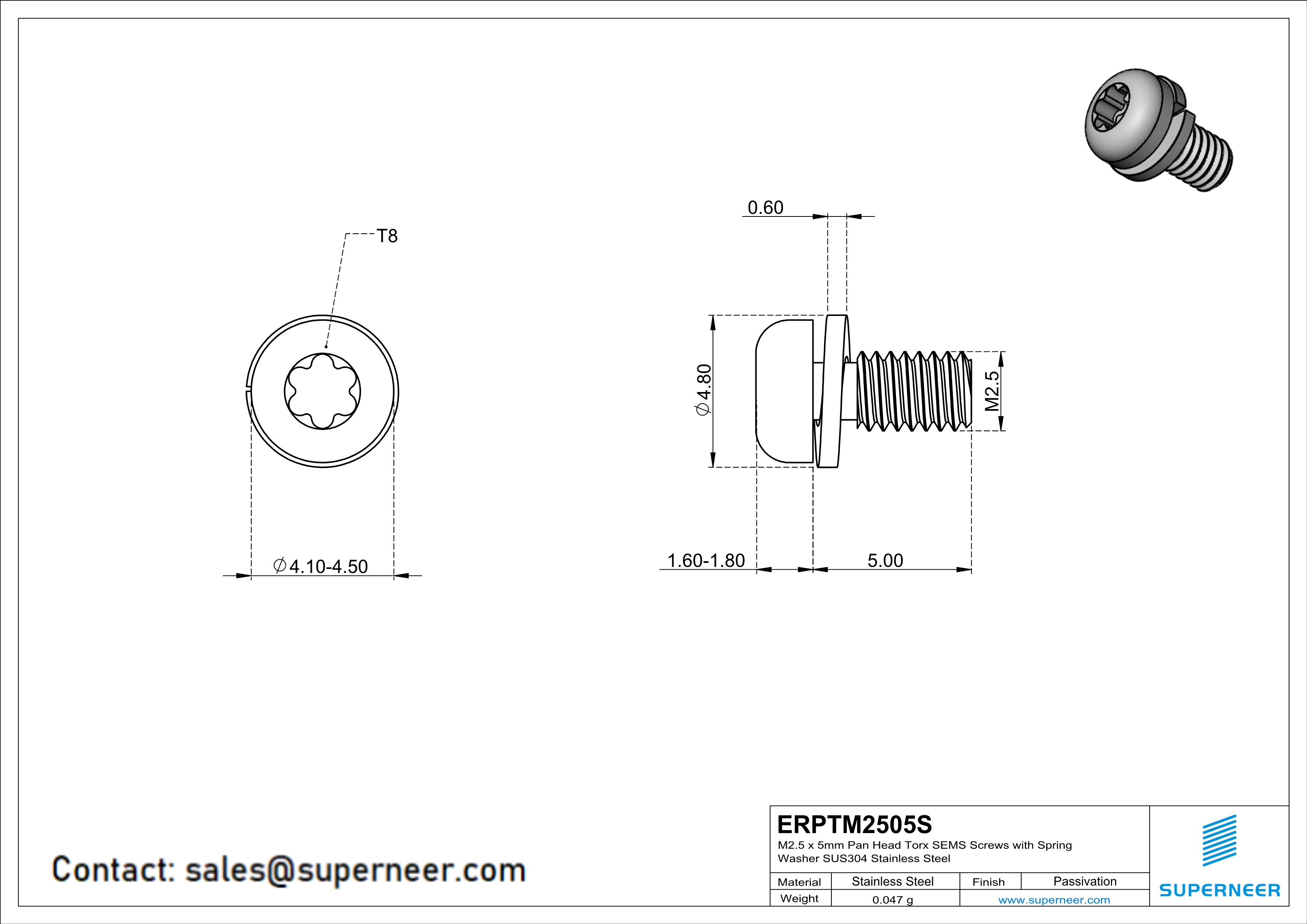 M2.5 x 5mm Pan Head Torx SEMS Screws with Spring Washer SUS304 Stainless Steel Inox