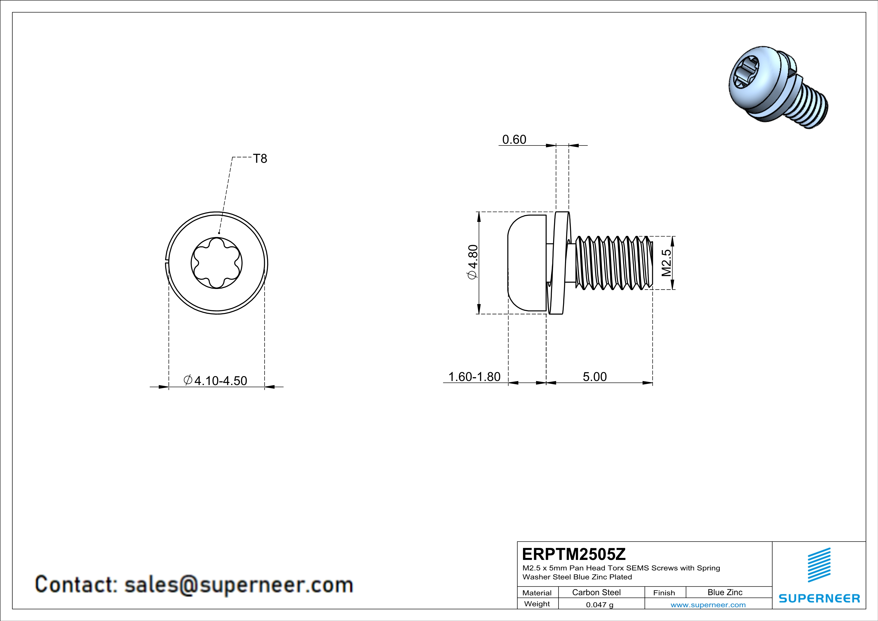 M2.5 x 5mm Pan Head Torx SEMS Screws with Spring Washer Steel Blue Zinc Plated