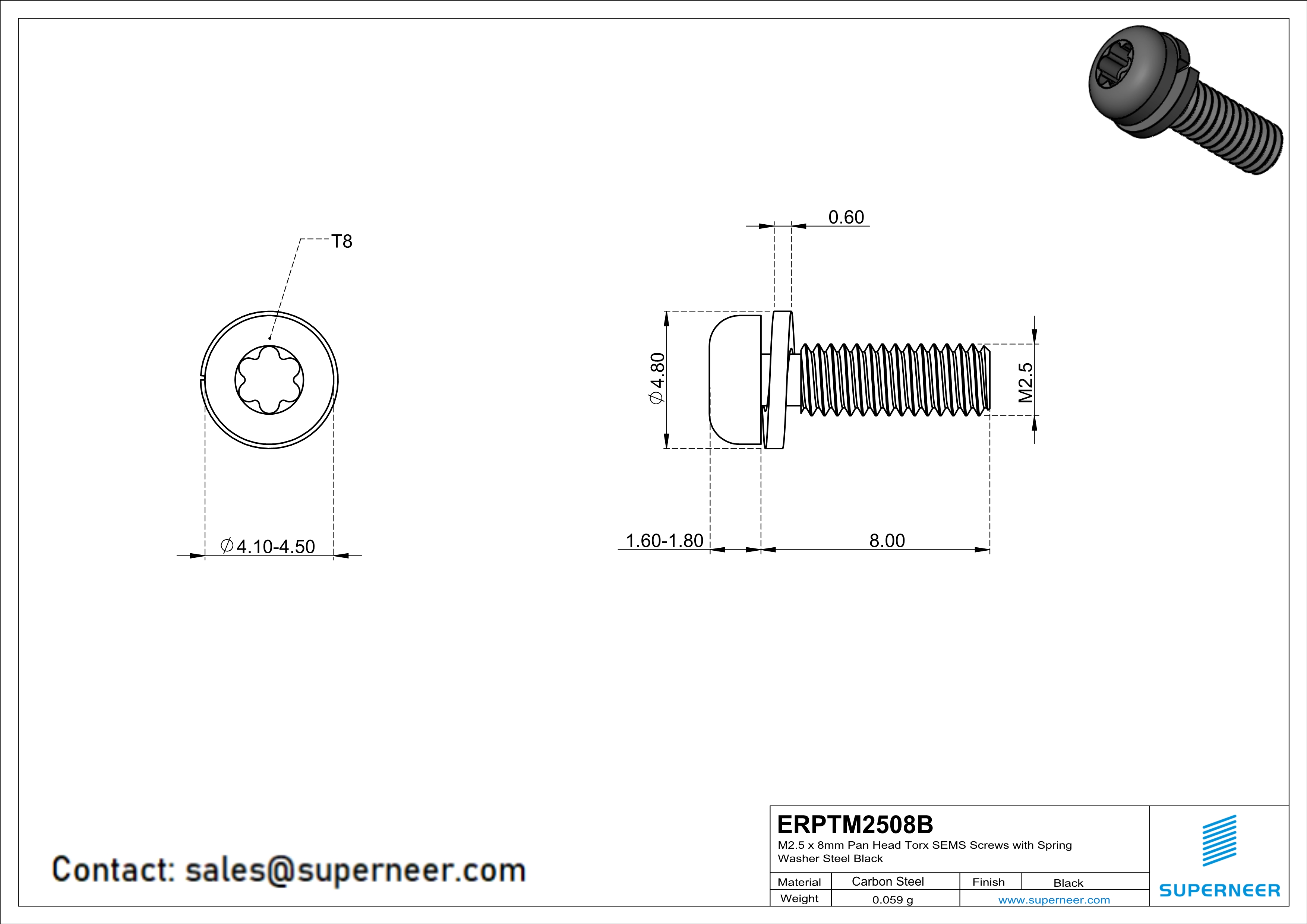 M2.5 x 8mm Pan Head Torx SEMS Screws with Spring Washer Steel Black