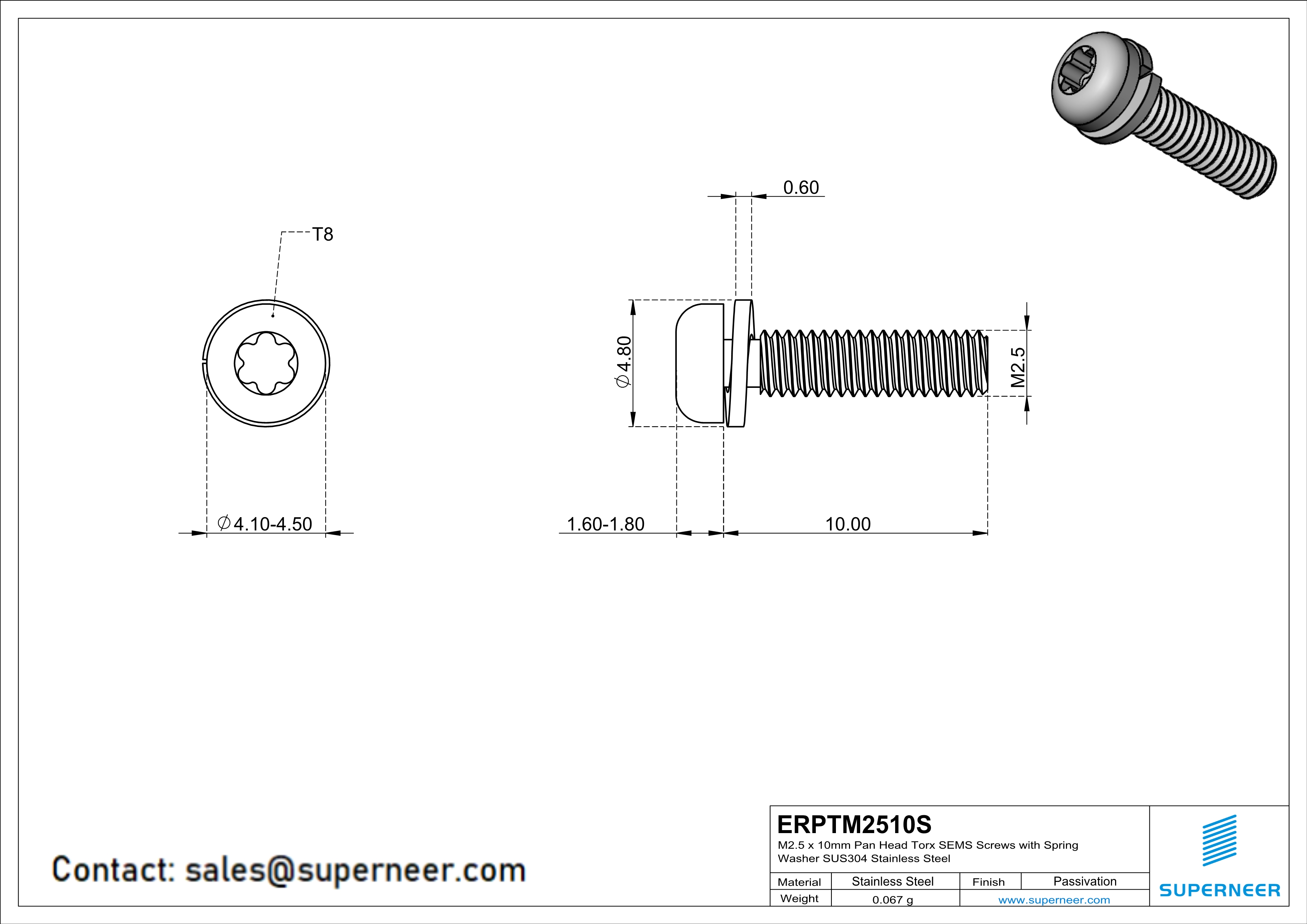 M2.5 x 10mm Pan Head Torx SEMS Screws with Spring Washer SUS304 Stainless Steel Inox