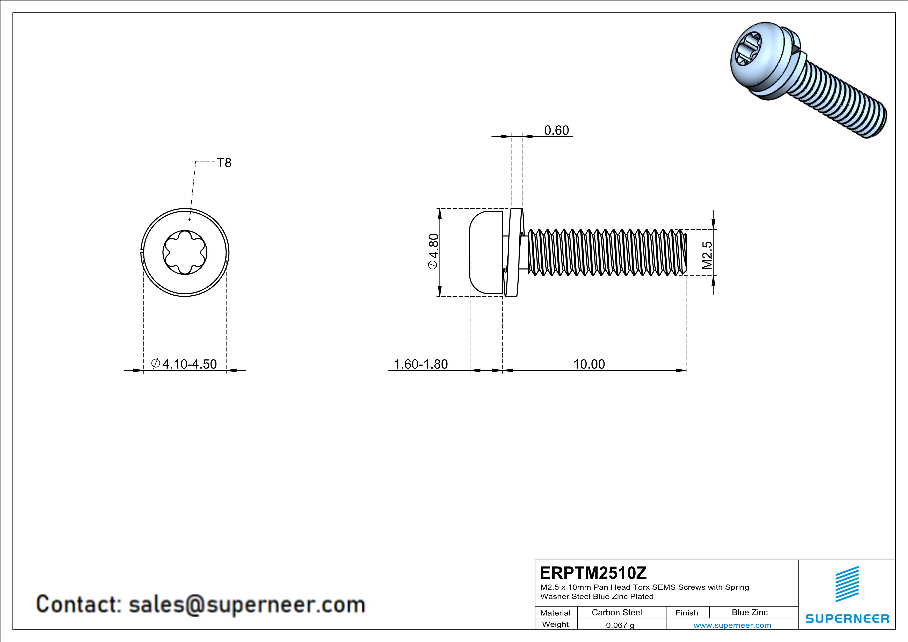 M2.5 x 10mm Pan Head Torx SEMS Screws with Spring Washer Steel Blue Zinc Plated