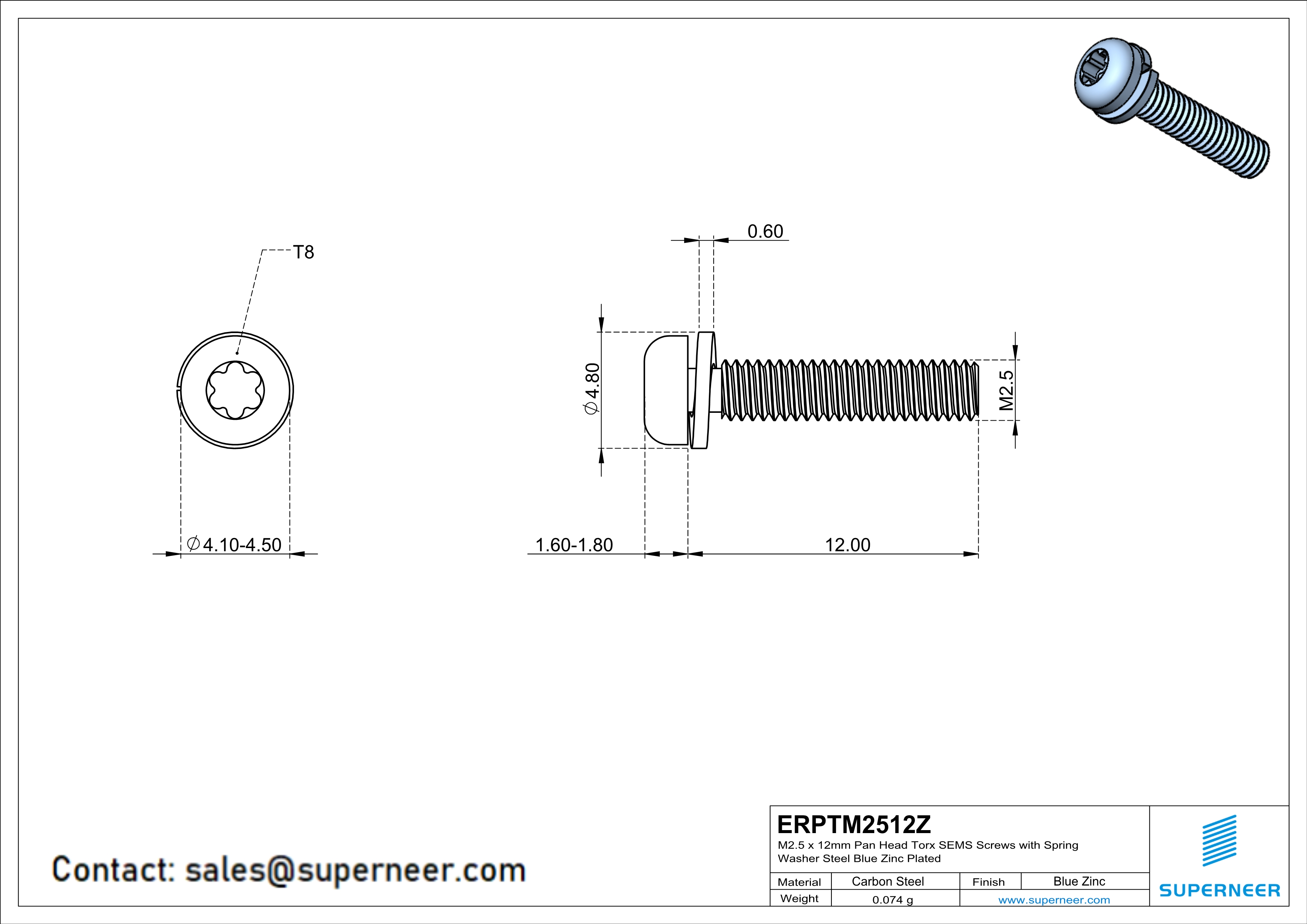M2.5 x 12mm Pan Head Torx SEMS Screws with Spring Washer Steel Blue Zinc Plated