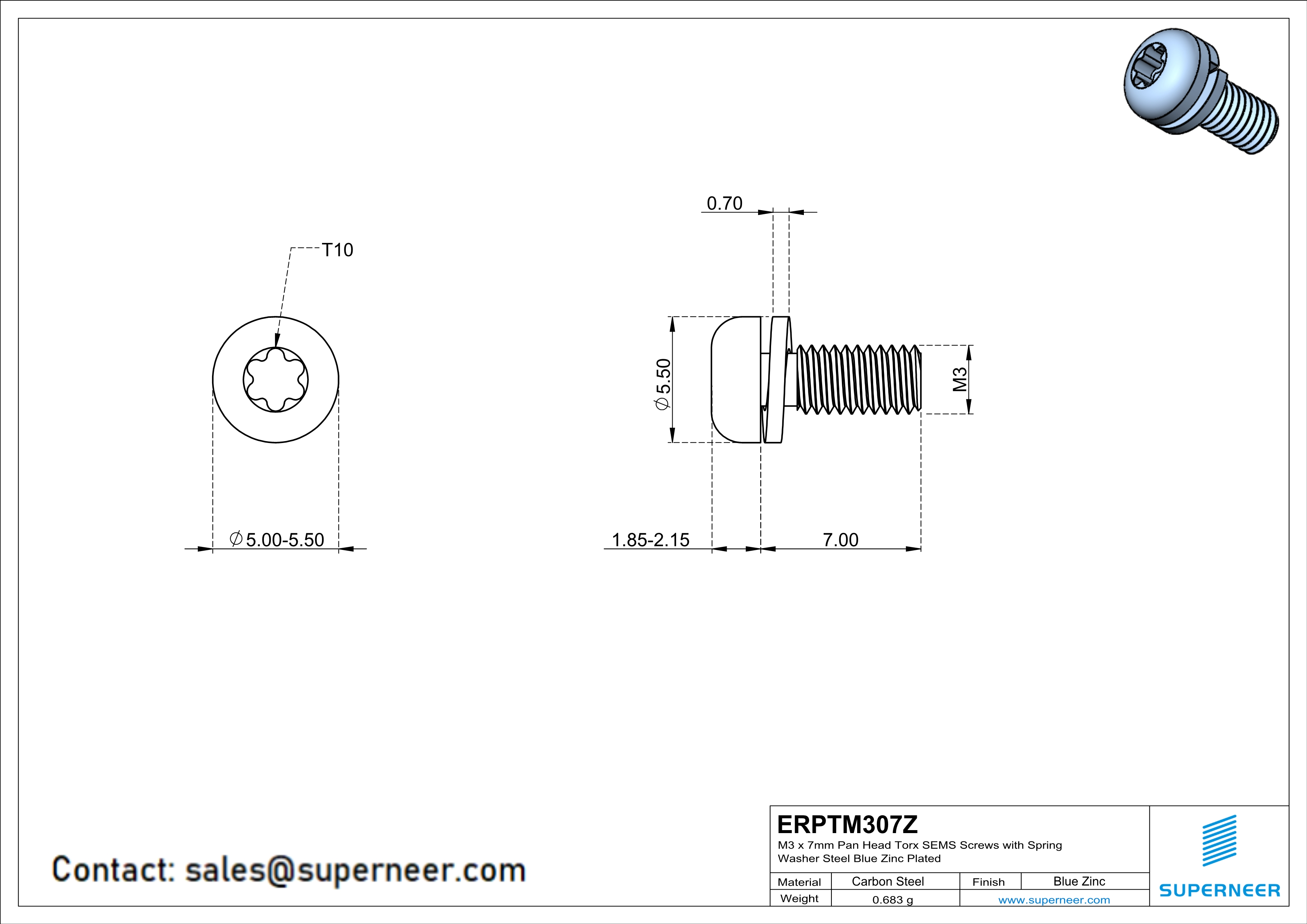 M3 x 7mm Pan Head Torx SEMS Screws with Spring Washer Steel Blue Zinc Plated