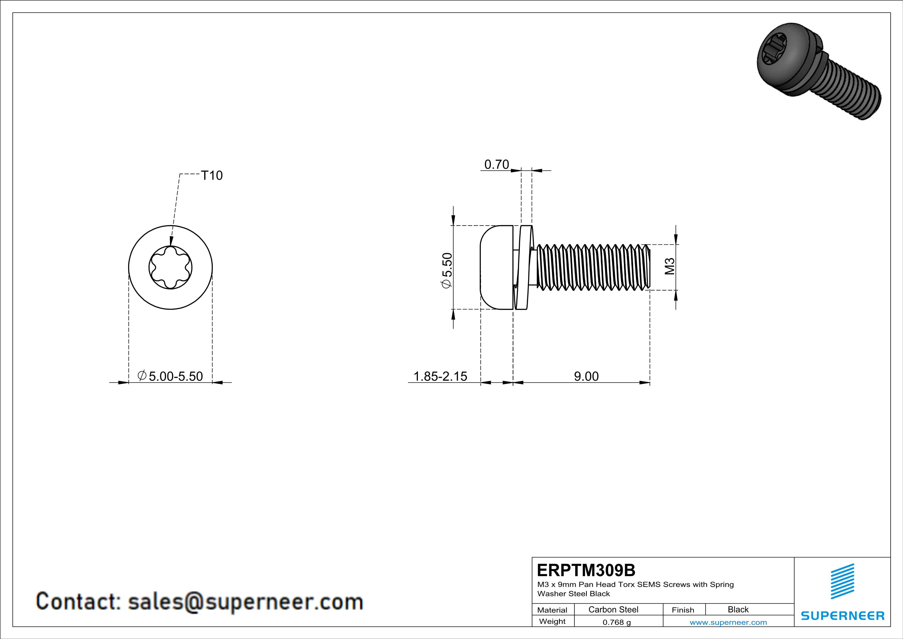 M3 x 9mm Pan Head Torx SEMS Screws with Spring Washer Steel Black