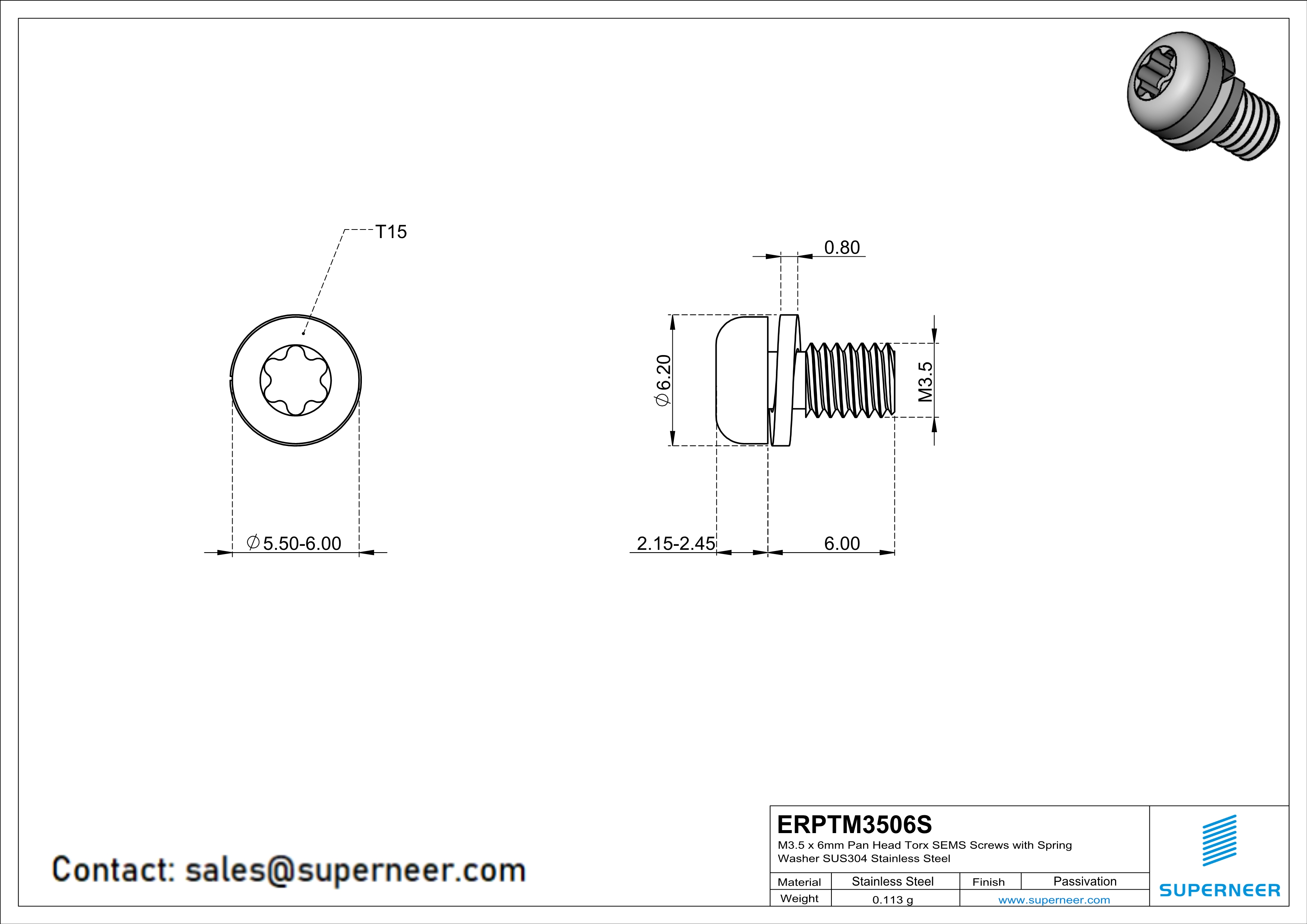 M3.5 x 6mm Pan Head Torx SEMS Screws with Spring Washer SUS304 Stainless Steel Inox