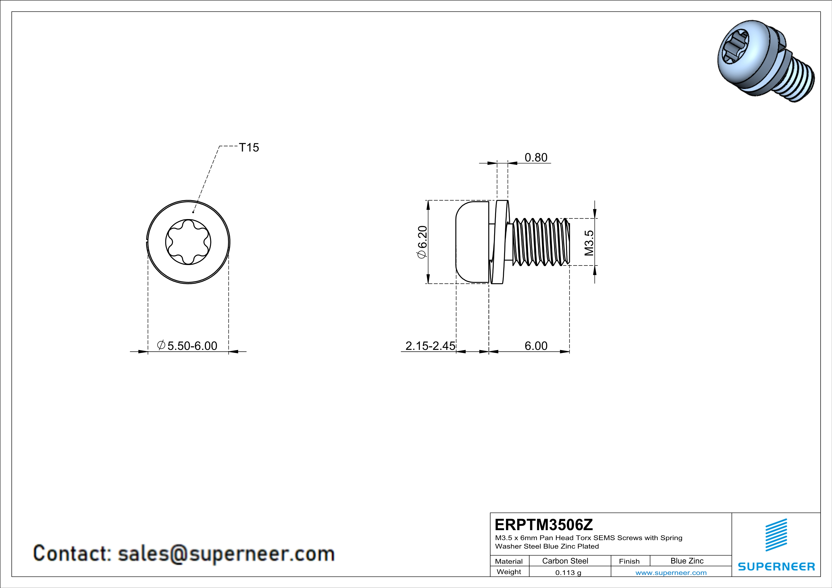 M3.5 x 6mm Pan Head Torx SEMS Screws with Spring Washer Steel Blue Zinc Plated