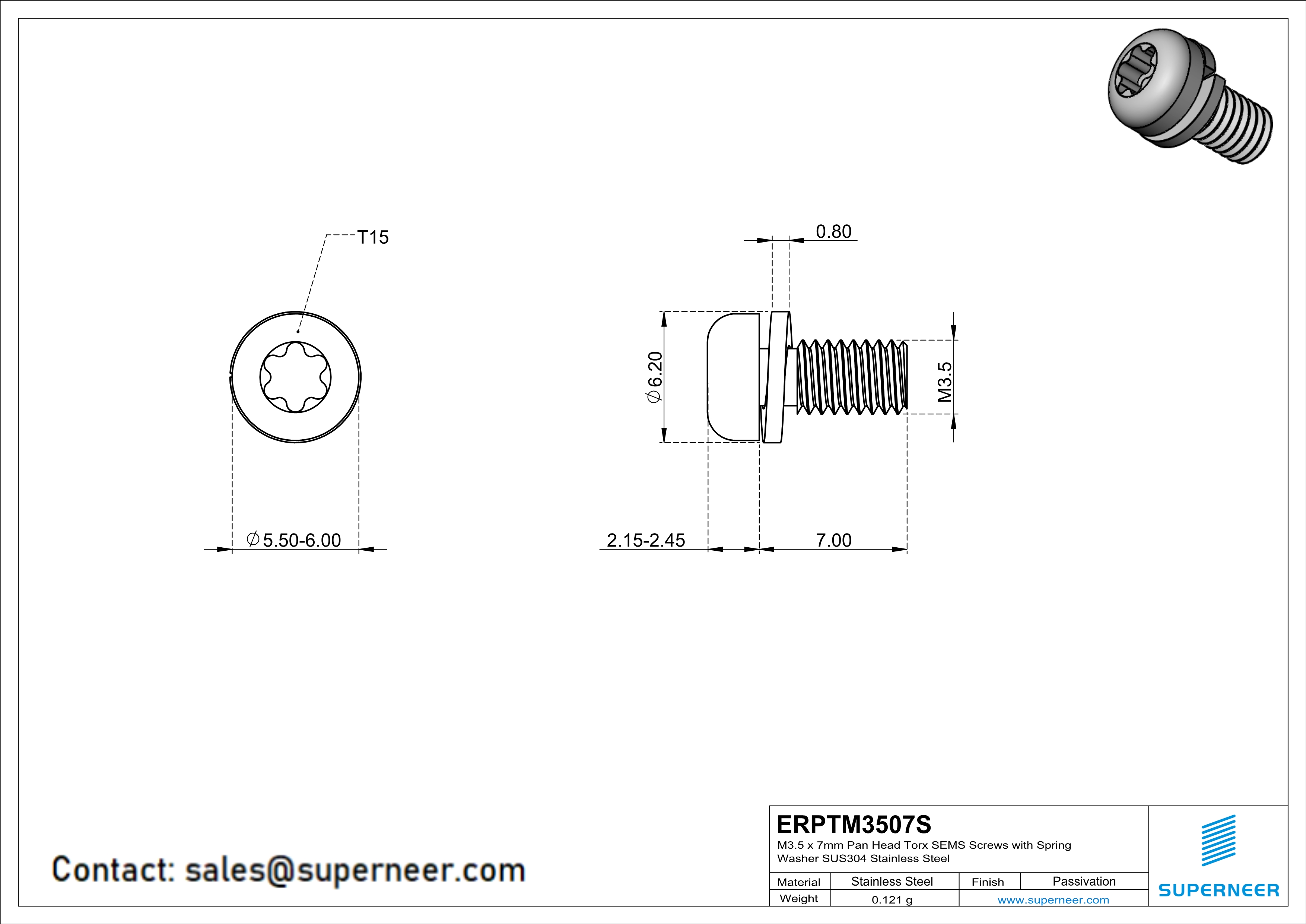 M3.5 x 7mm Pan Head Torx SEMS Screws with Spring Washer SUS304 Stainless Steel Inox