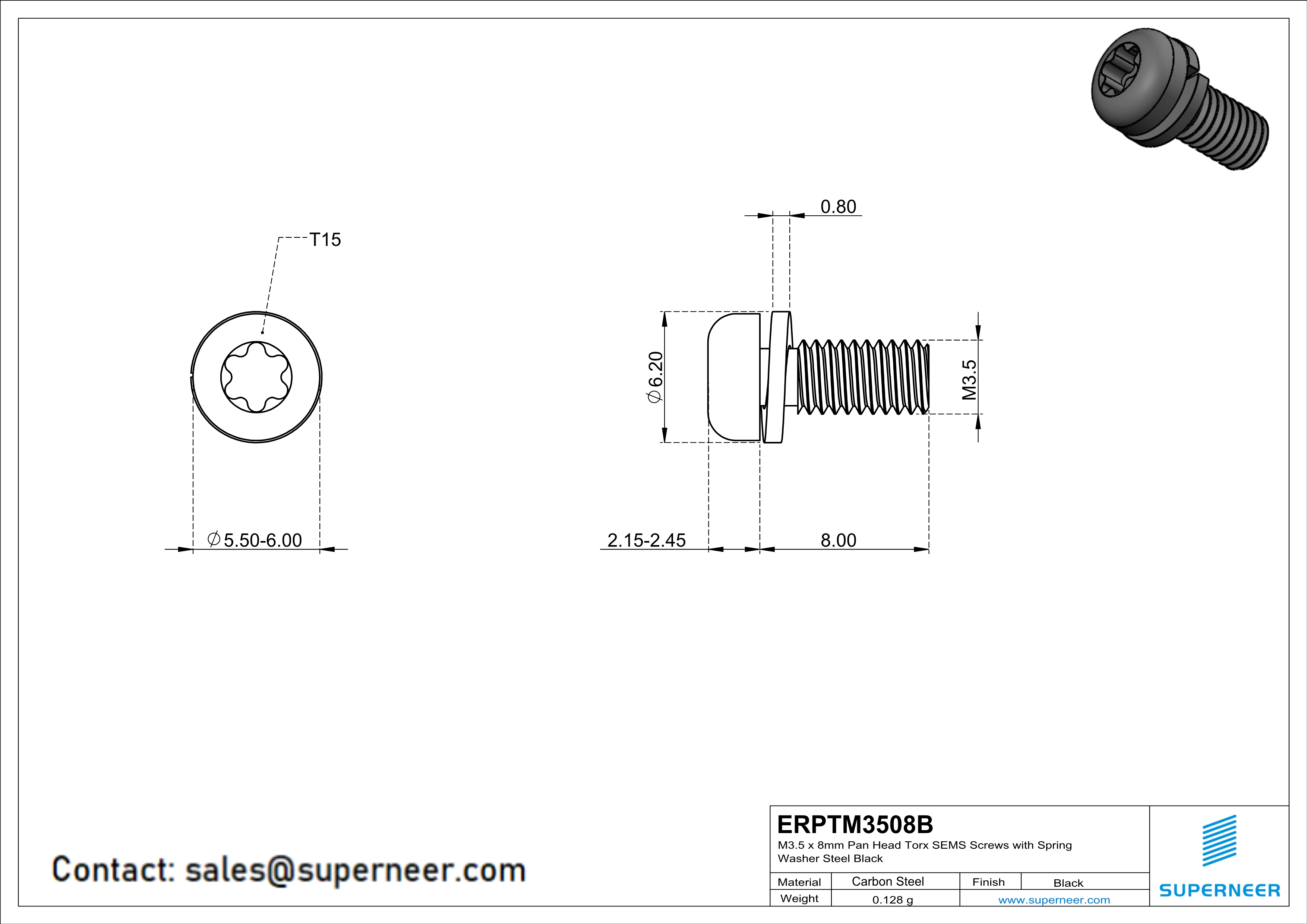 M3.5 x 8mm Pan Head Torx SEMS Screws with Spring Washer Steel Black