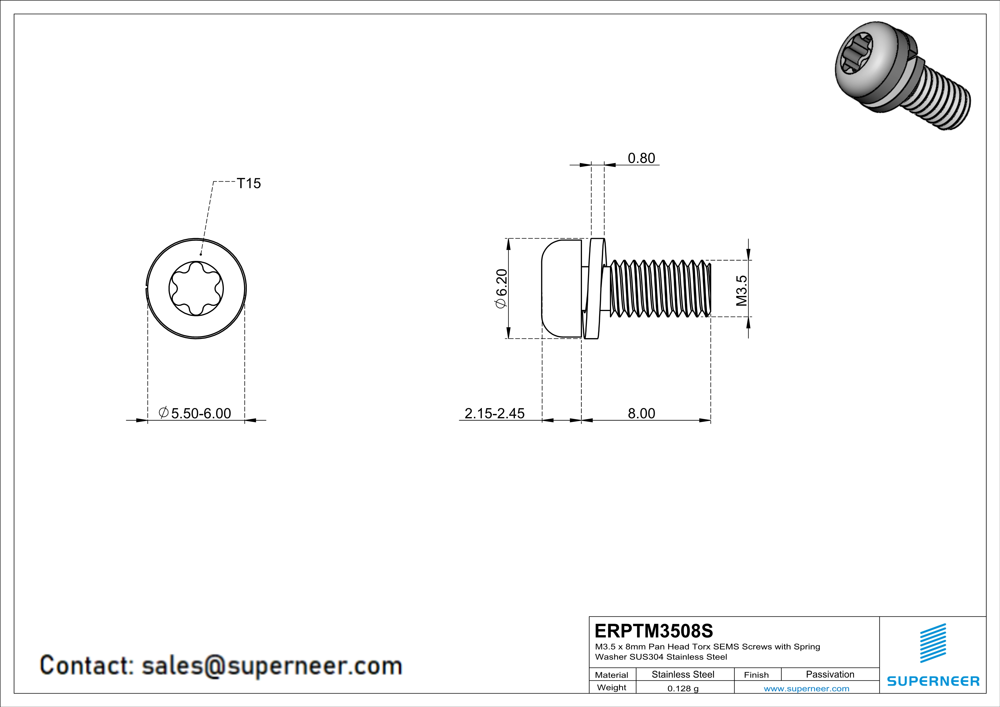 M3.5 x 8mm Pan Head Torx SEMS Screws with Spring Washer SUS304 Stainless Steel Inox