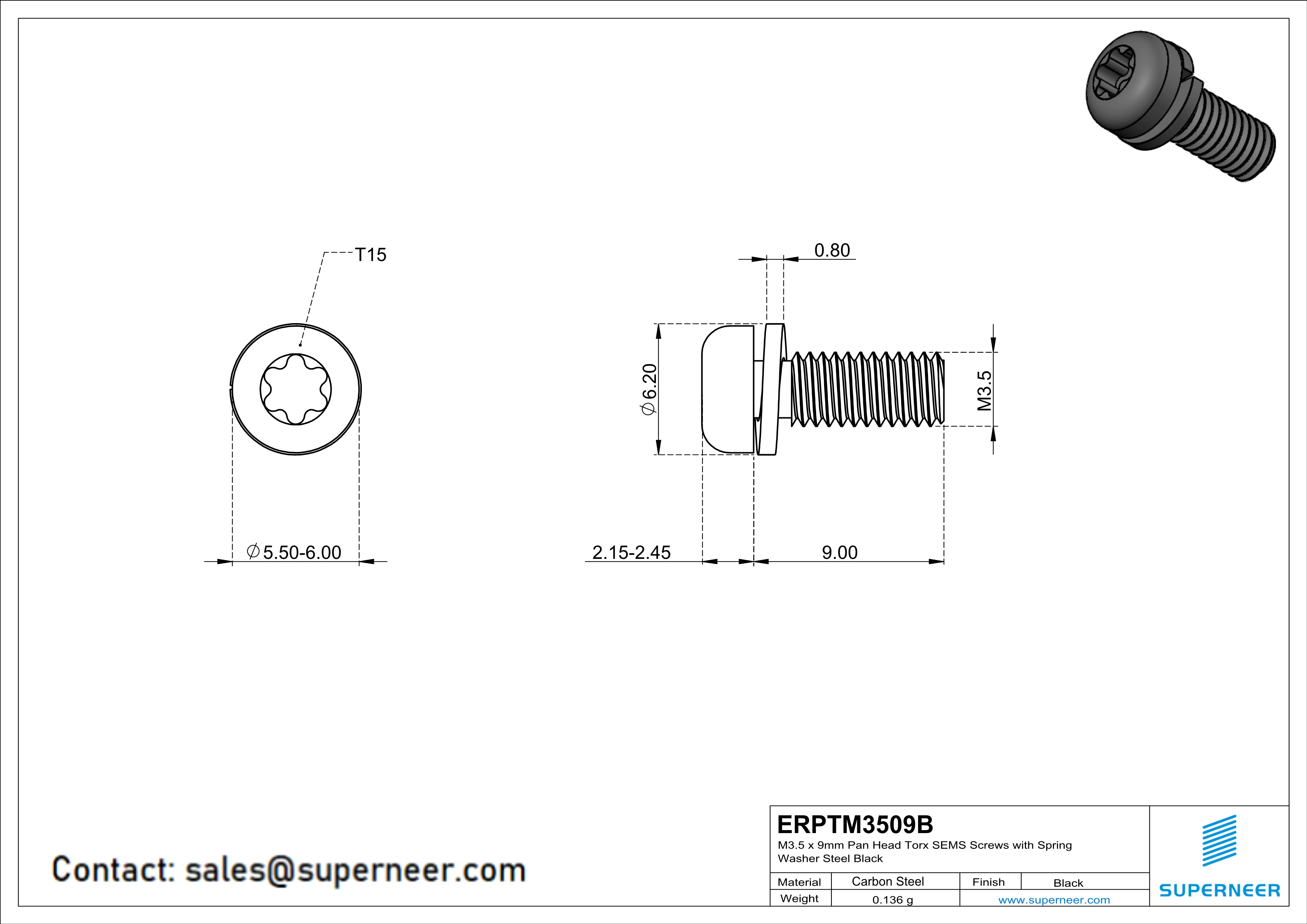 M3.5 x 9mm Pan Head Torx SEMS Screws with Spring Washer Steel Black