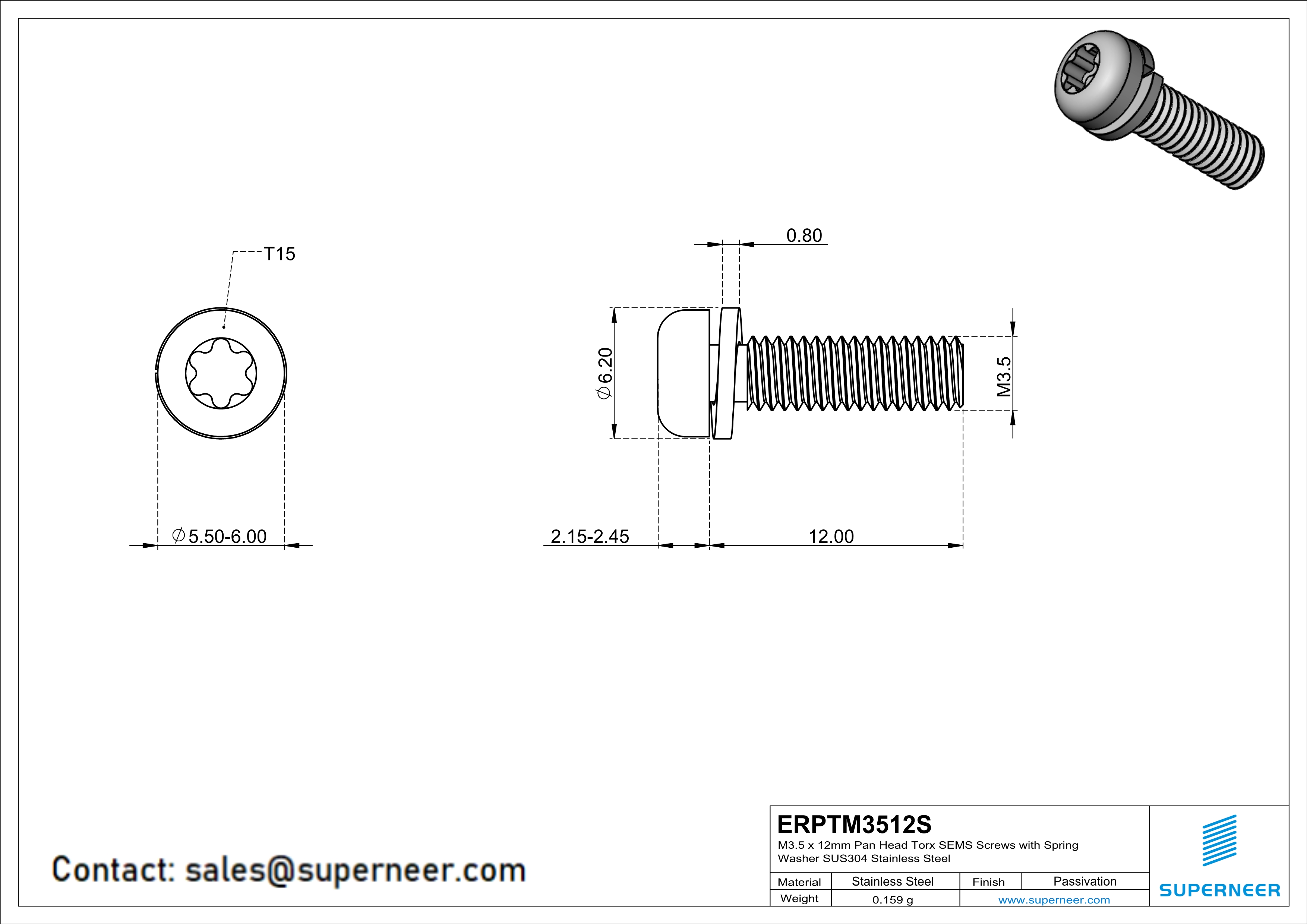 M3.5 x 12mm Pan Head Torx SEMS Screws with Spring Washer SUS304 Stainless Steel Inox