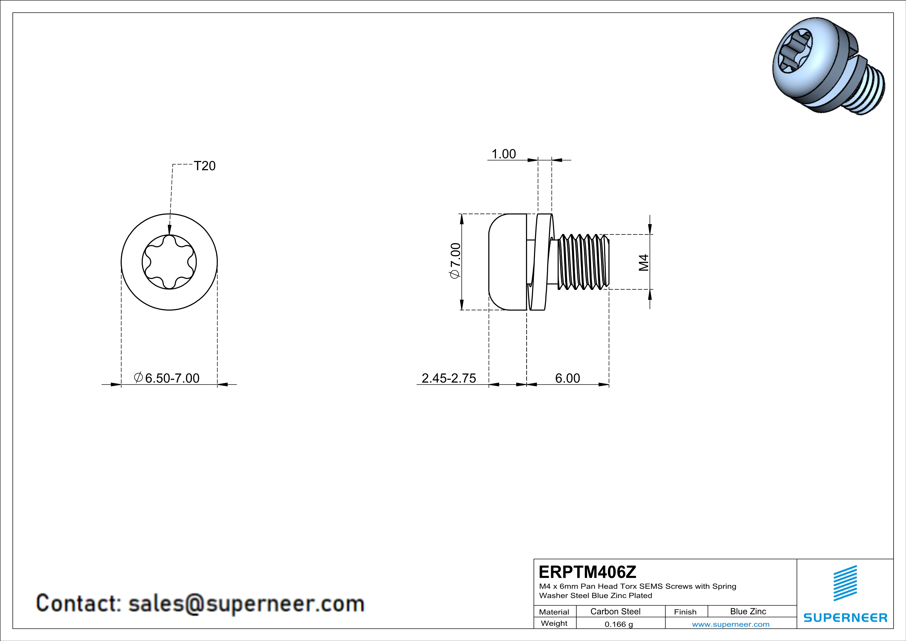 M4 x 6mm Pan Head Torx SEMS Screws with Spring Washer Steel Blue Zinc Plated