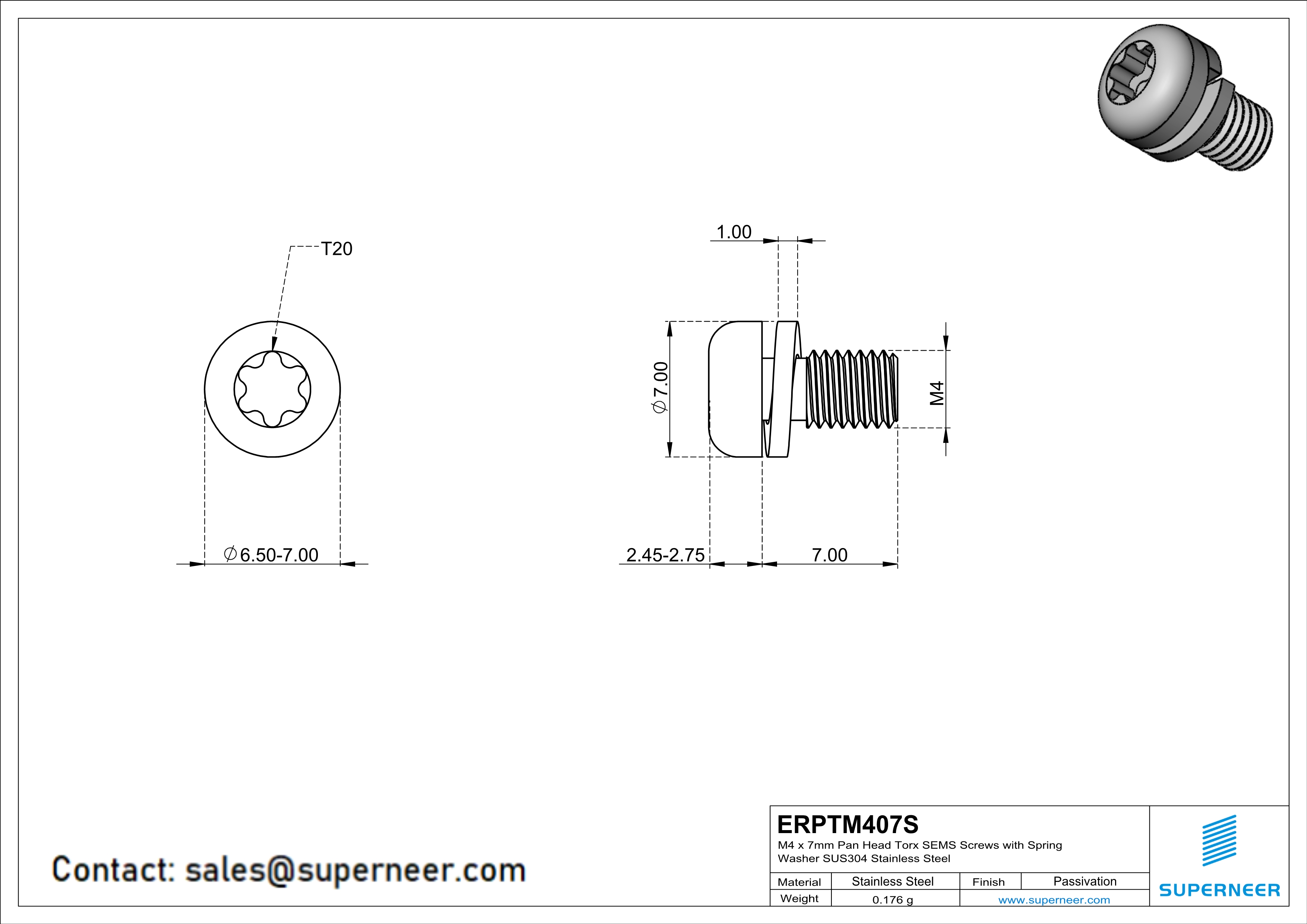 M4 x 7mm Pan Head Torx SEMS Screws with Spring Washer SUS304 Stainless Steel Inox