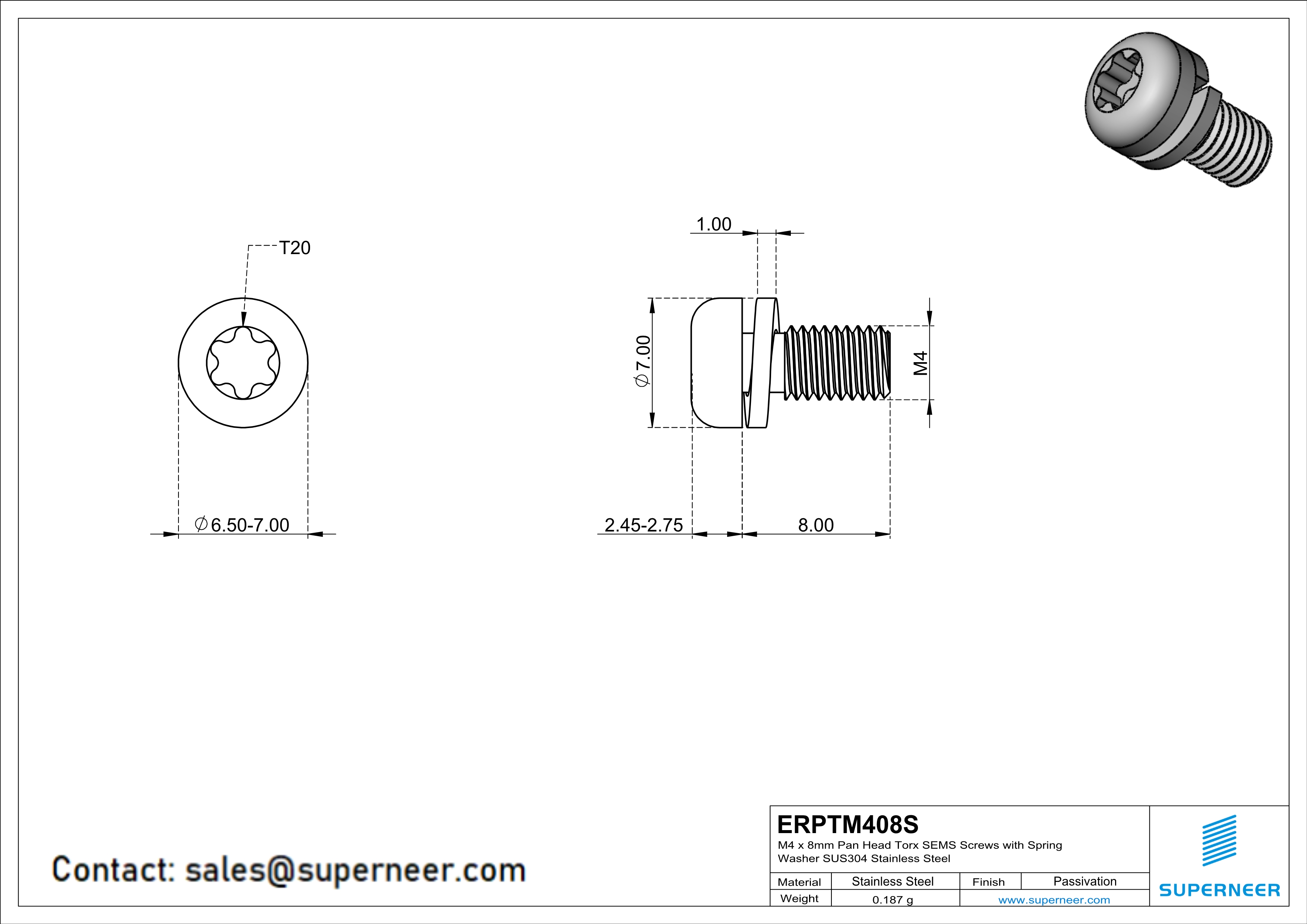 M4 x 8mm Pan Head Torx SEMS Screws with Spring Washer SUS304 Stainless Steel Inox