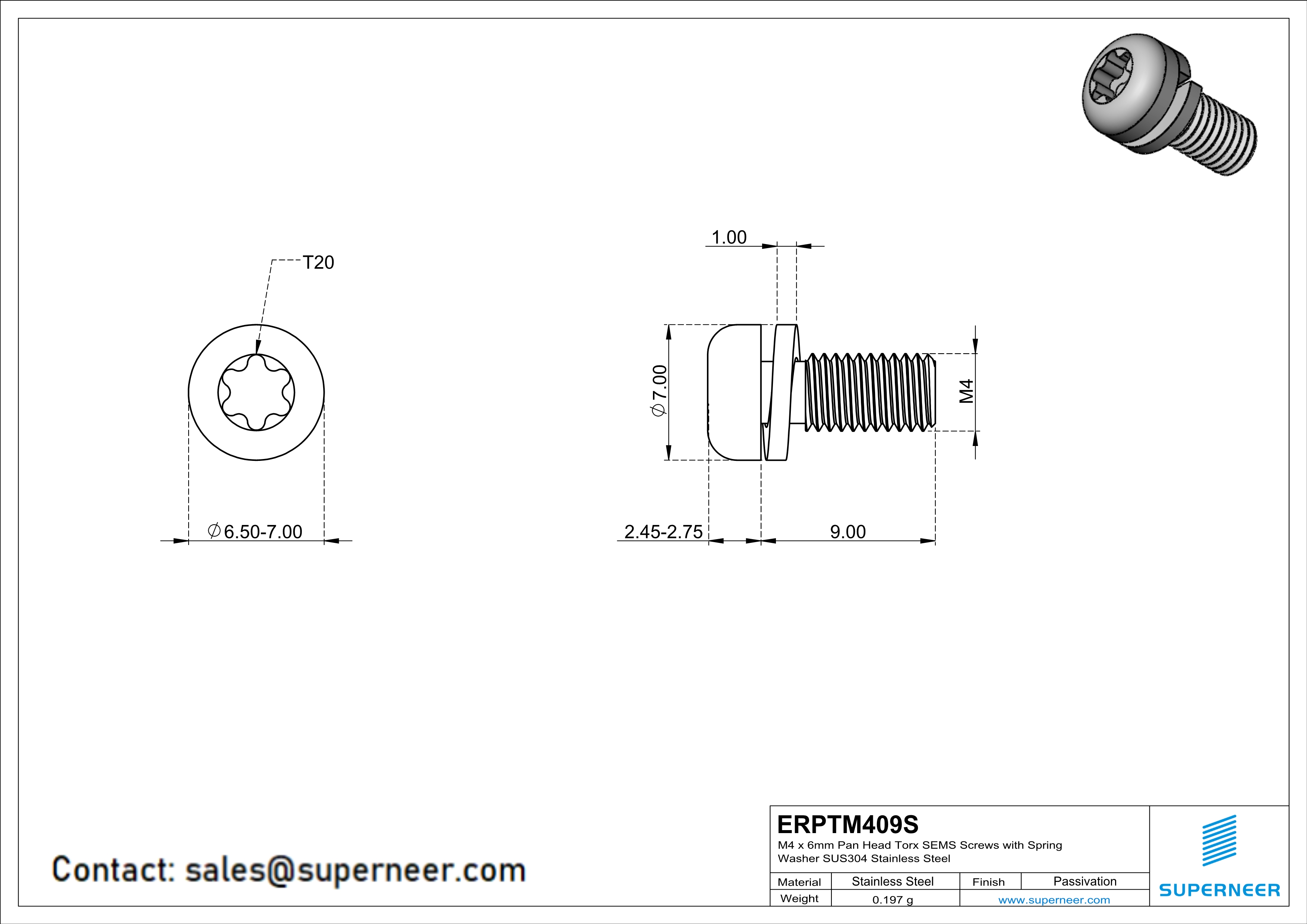 M4 x 9mm Pan Head Torx SEMS Screws with Spring Washer SUS304 Stainless Steel Inox