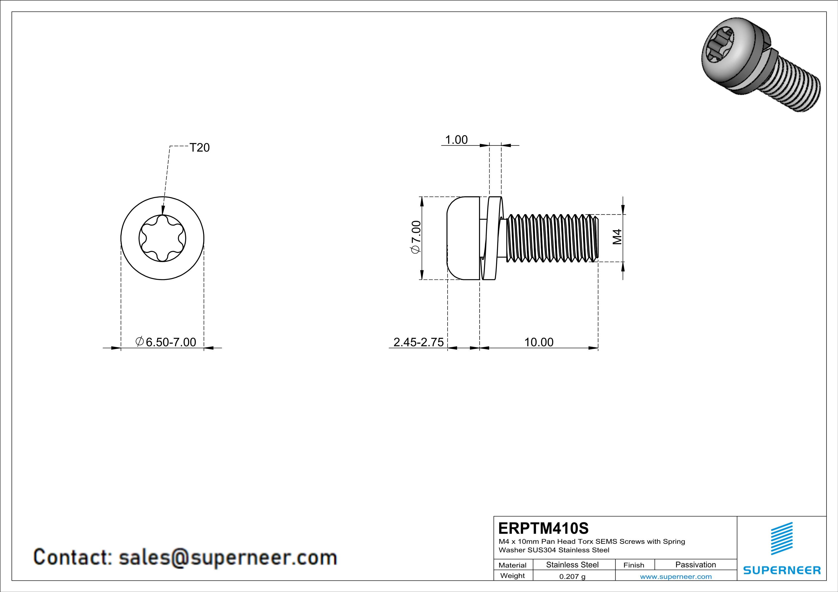 M4 x 10mm Pan Head Torx SEMS Screws with Spring Washer SUS304 Stainless Steel Inox