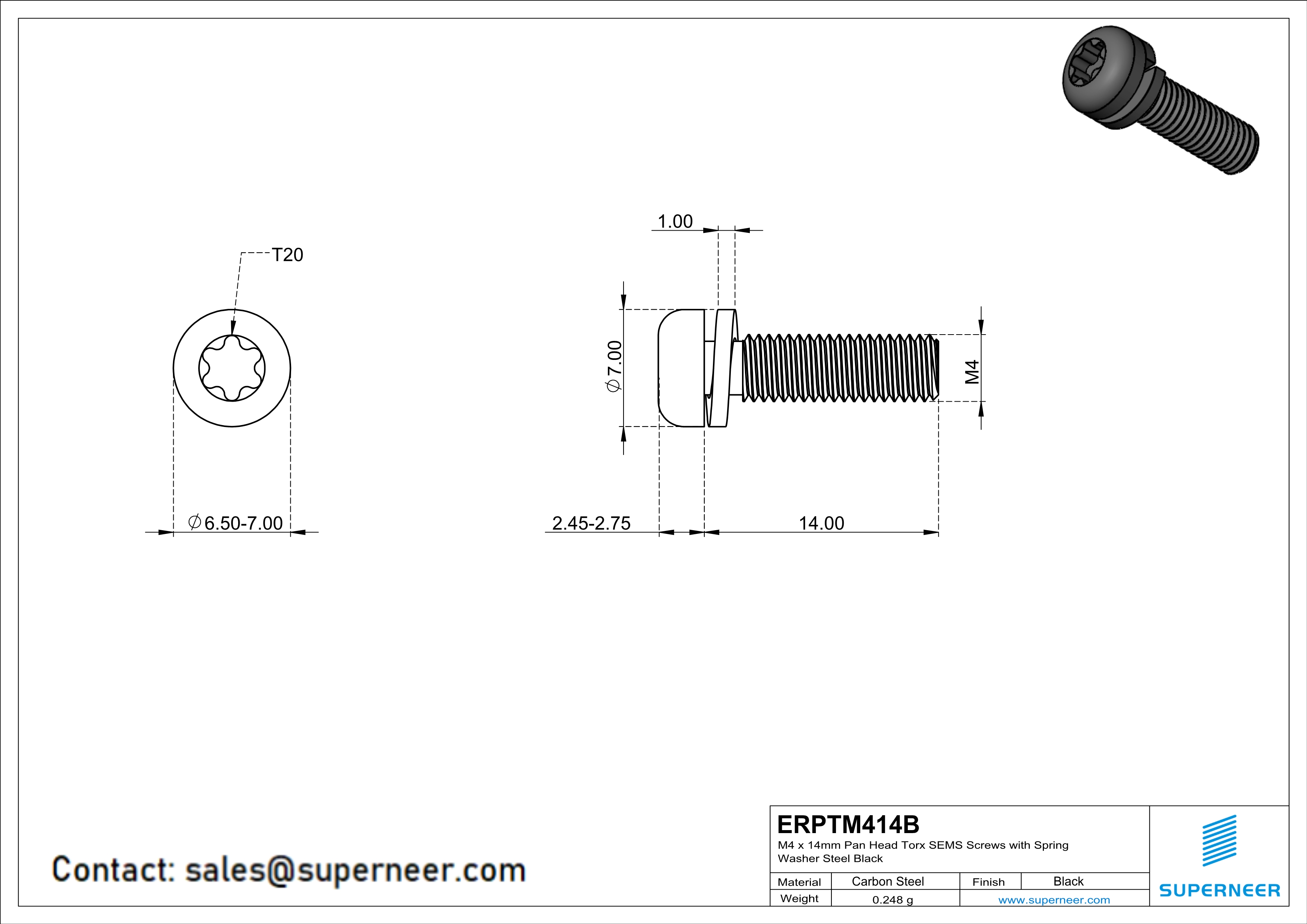 M4 x 14mm Pan Head Torx SEMS Screws with Spring Washer Steel Black