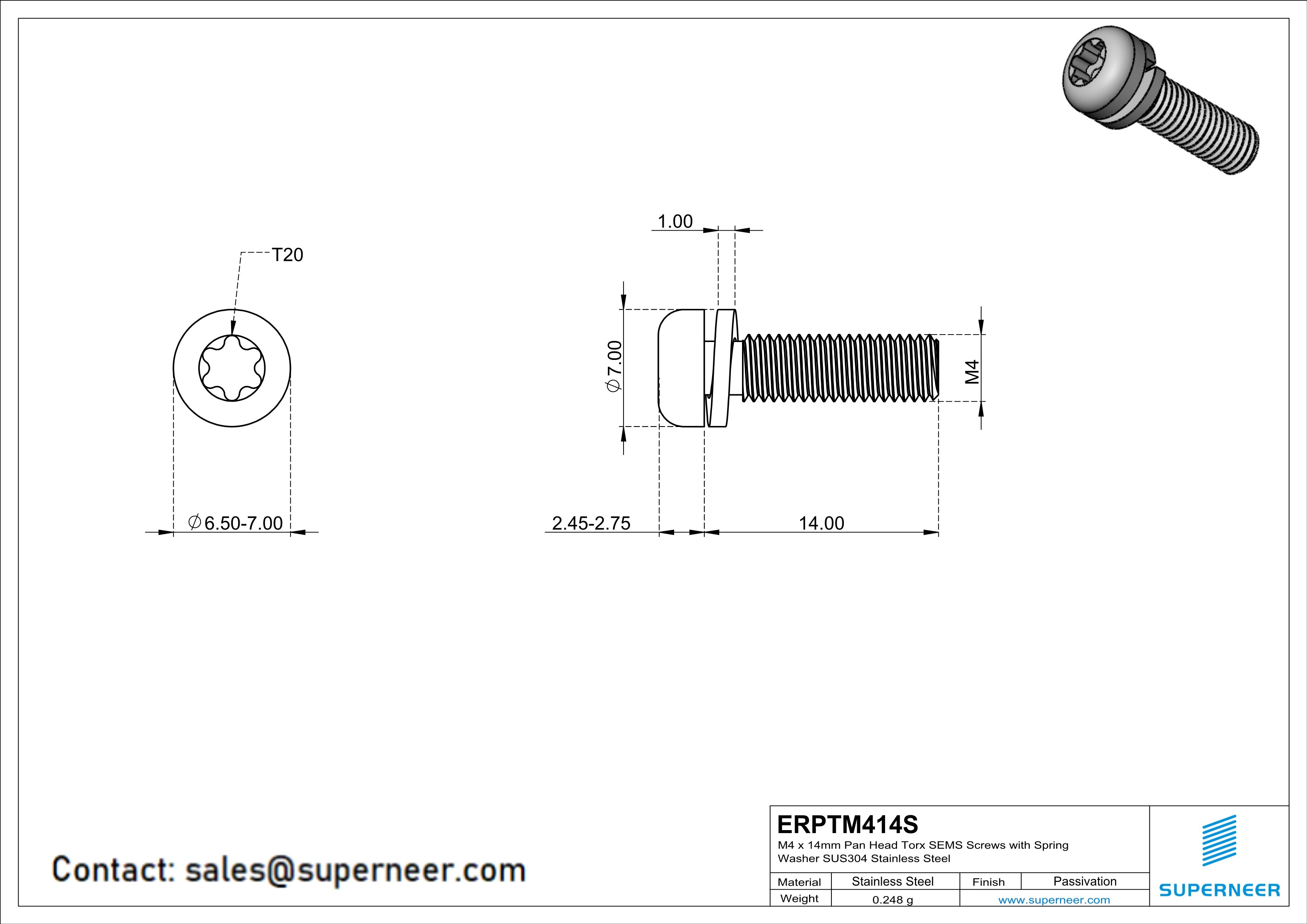 M4 x 14mm Pan Head Torx SEMS Screws with Spring Washer SUS304 Stainless Steel Inox