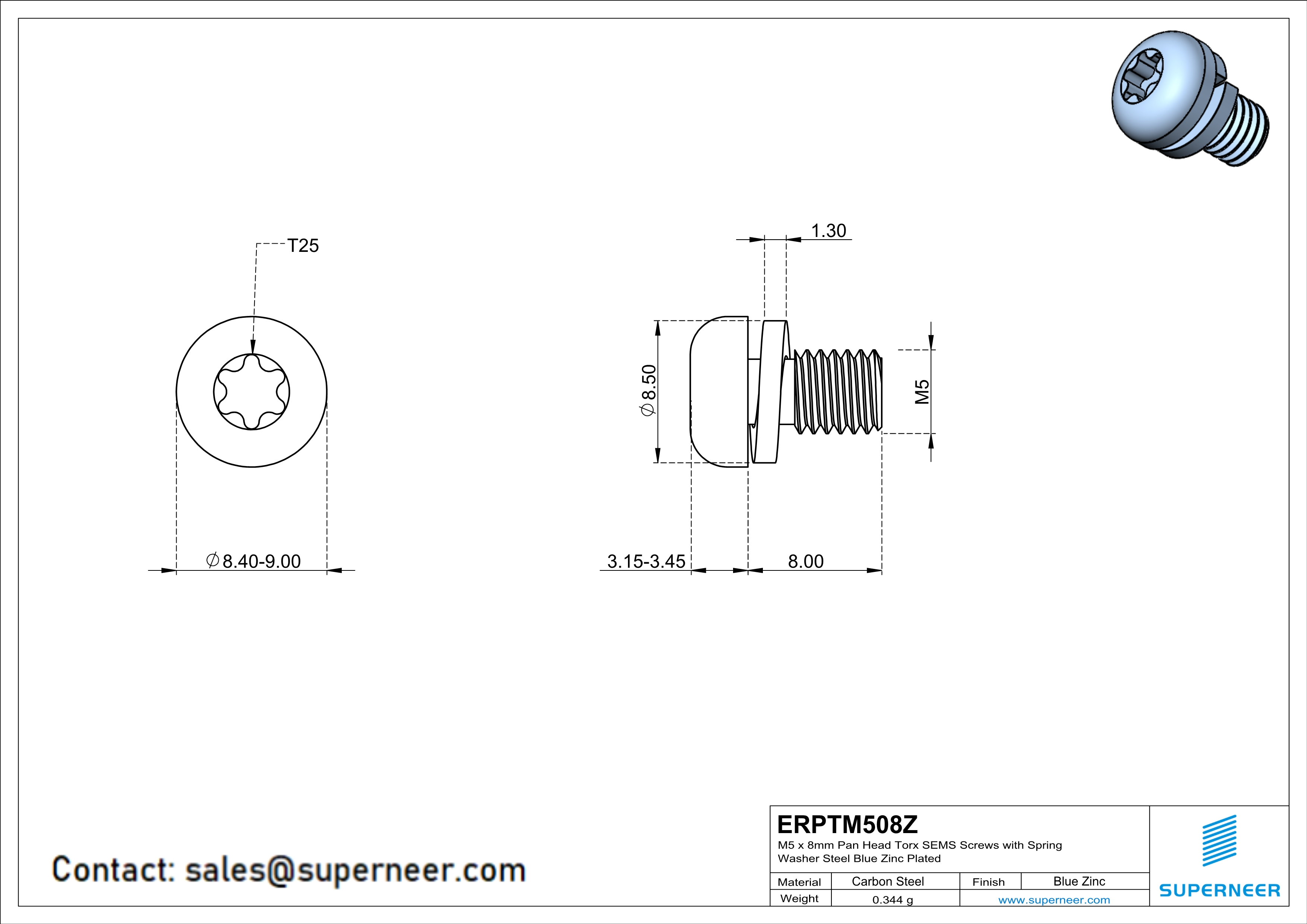 M5 x 8mm Pan Head Torx SEMS Screws with Spring Washer Steel Blue Zinc Plated