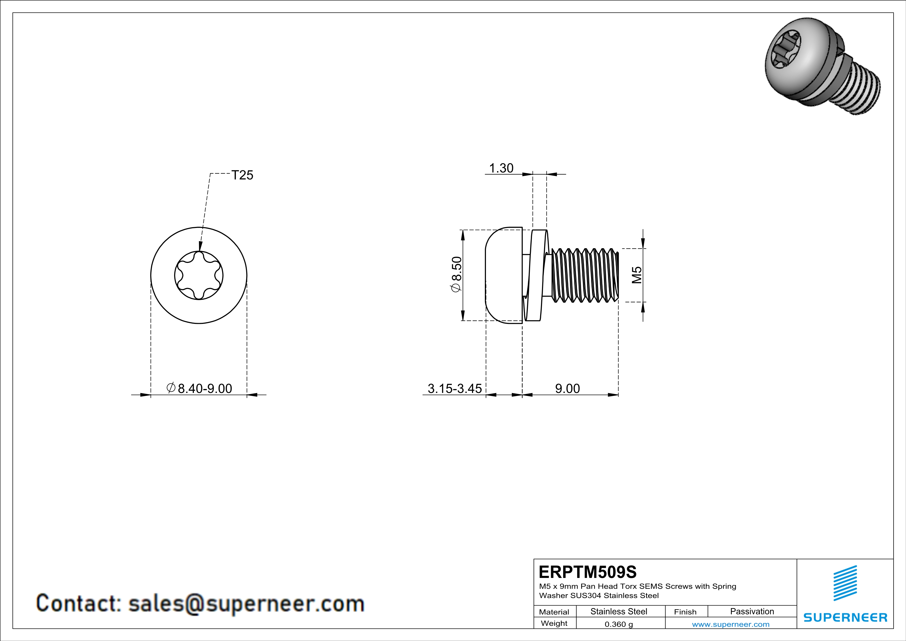 M5 x 9mm Pan Head Torx SEMS Screws with Spring Washer SUS304 Stainless Steel Inox