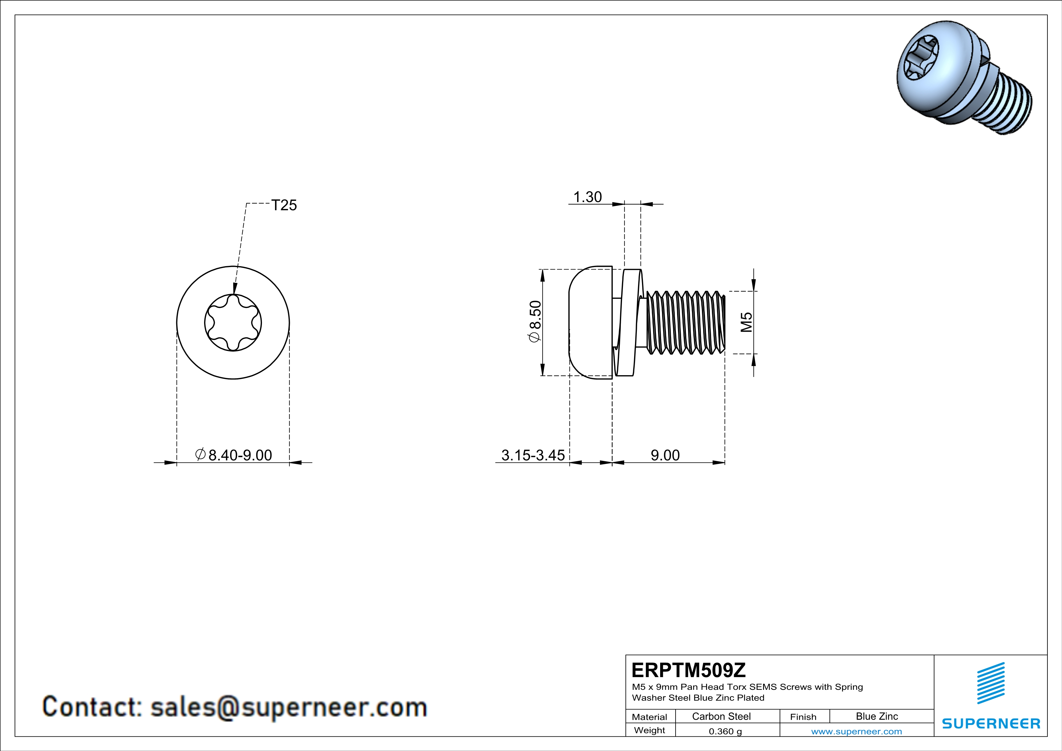 M5 x 9mm Pan Head Torx SEMS Screws with Spring Washer Steel Blue Zinc Plated
