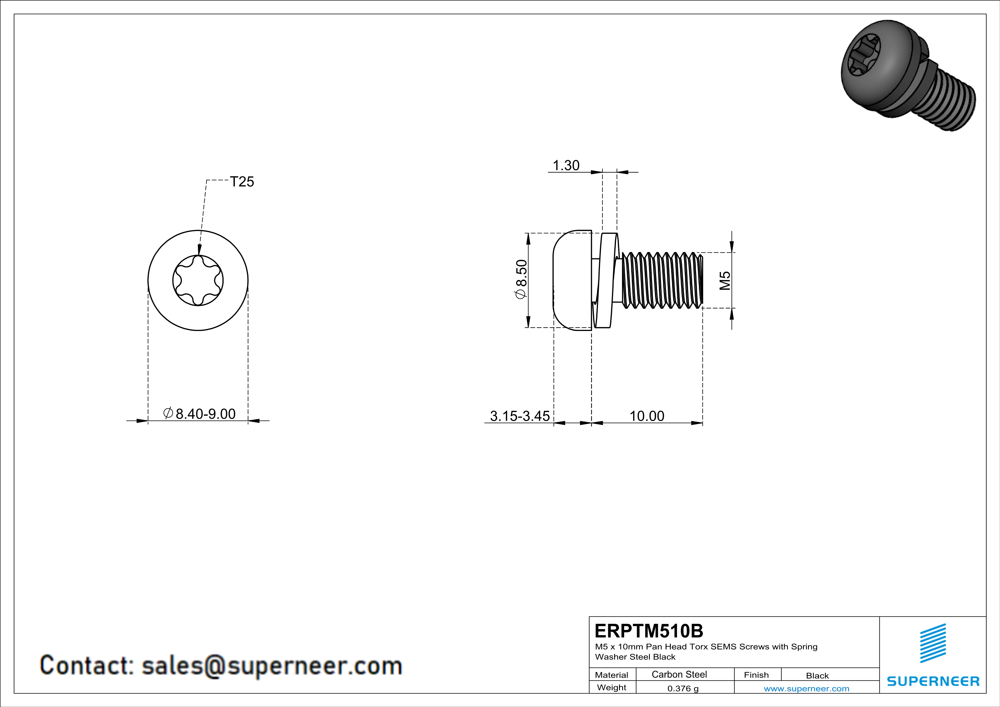 M5 x 10mm Pan Head Torx SEMS Screws with Spring Washer Steel Black