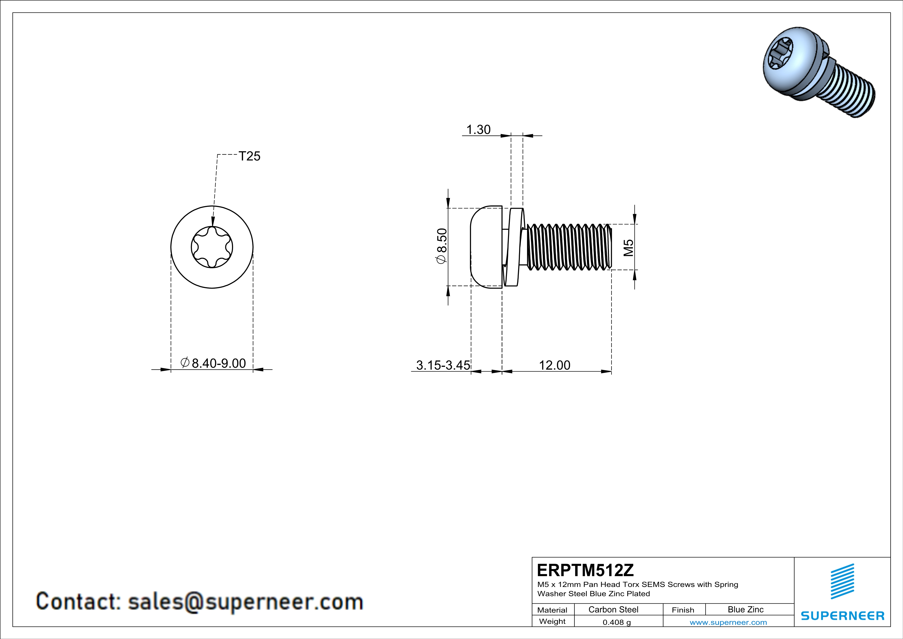 M5 x 12mm Pan Head Torx SEMS Screws with Spring Washer Steel Blue Zinc Plated