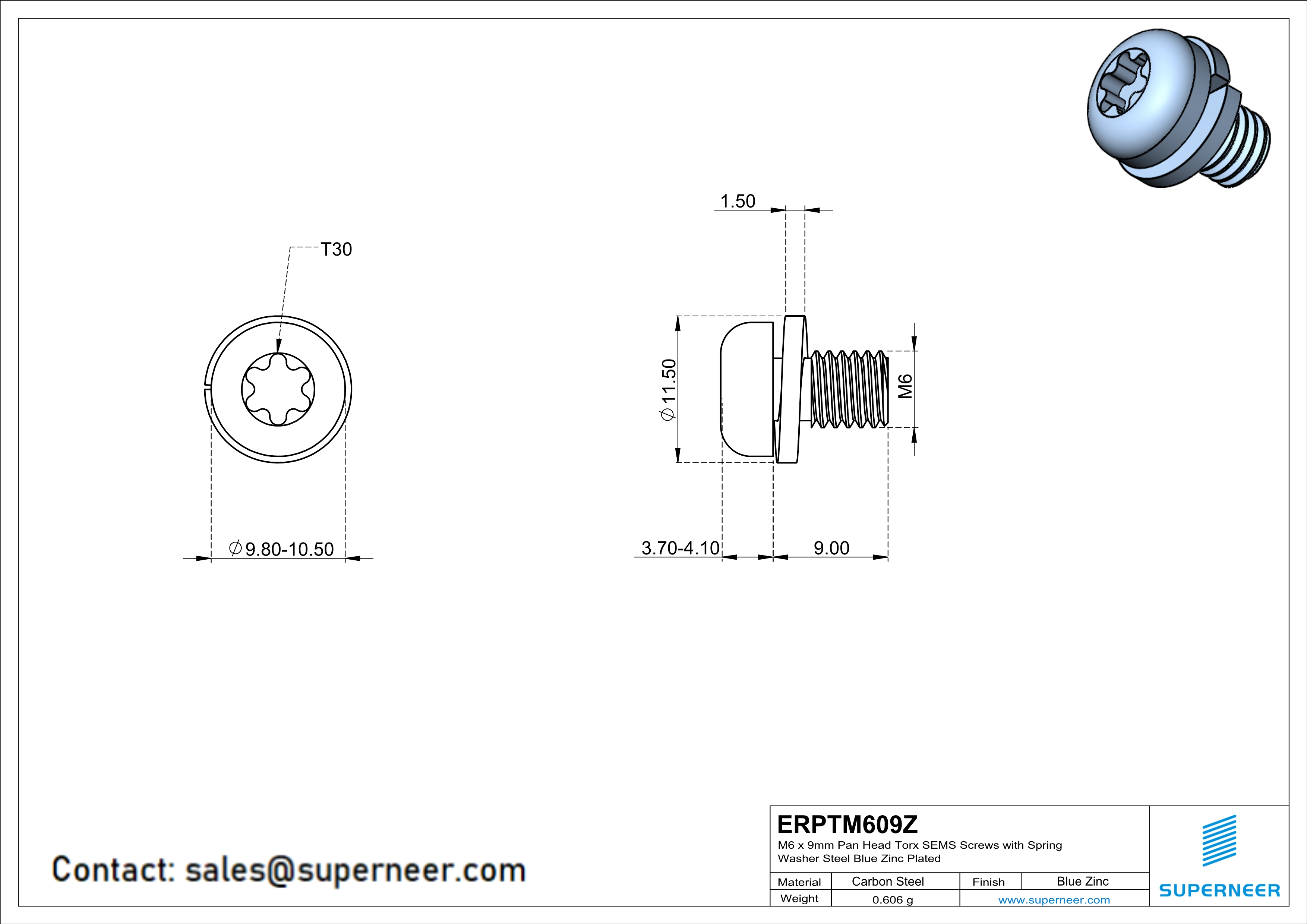 M6 x 9mm Pan Head Torx SEMS Screws with Spring Washer Steel Blue Zinc Plated