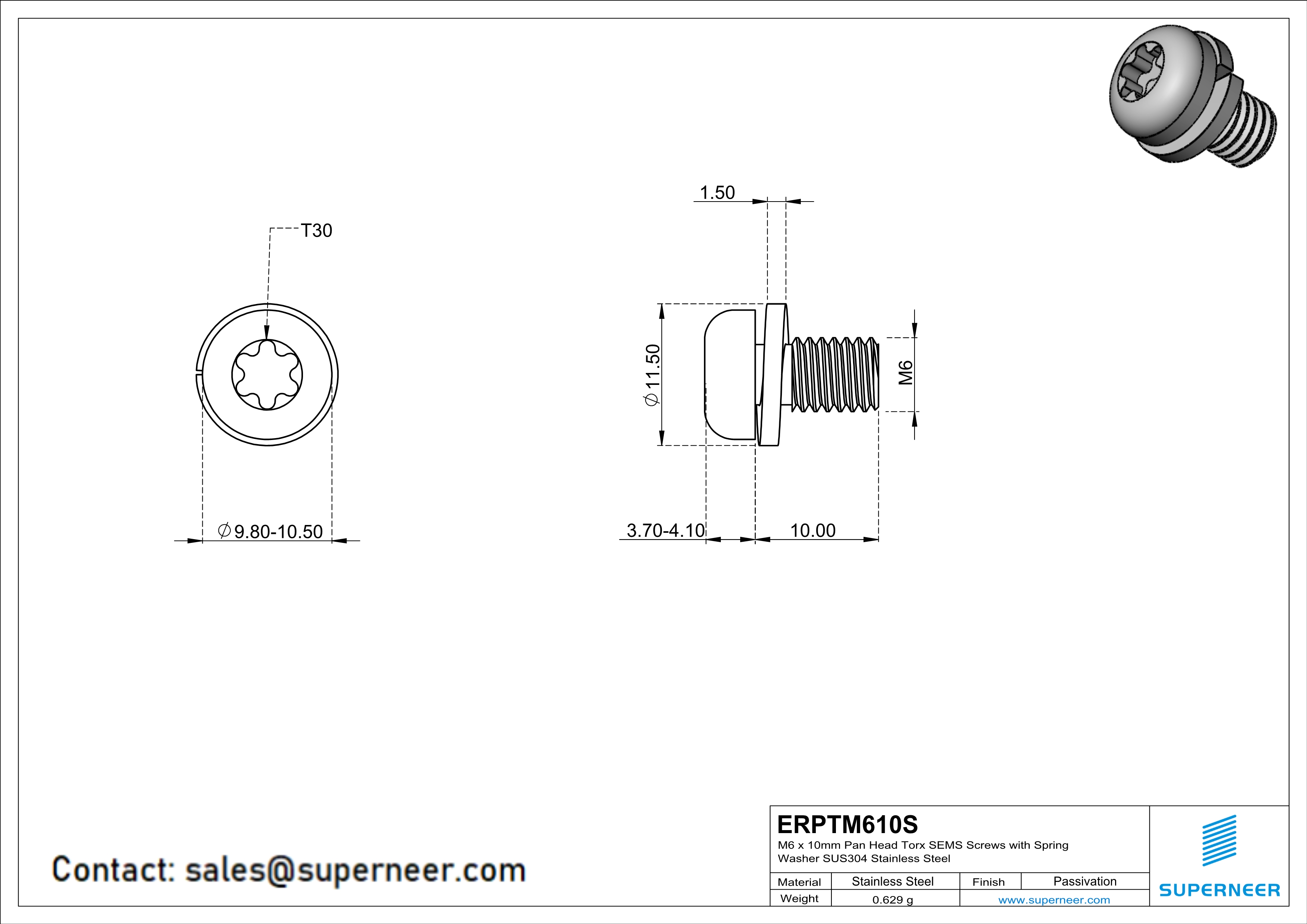 M6 x 10mm Pan Head Torx SEMS Screws with Spring Washer SUS304 Stainless Steel Inox