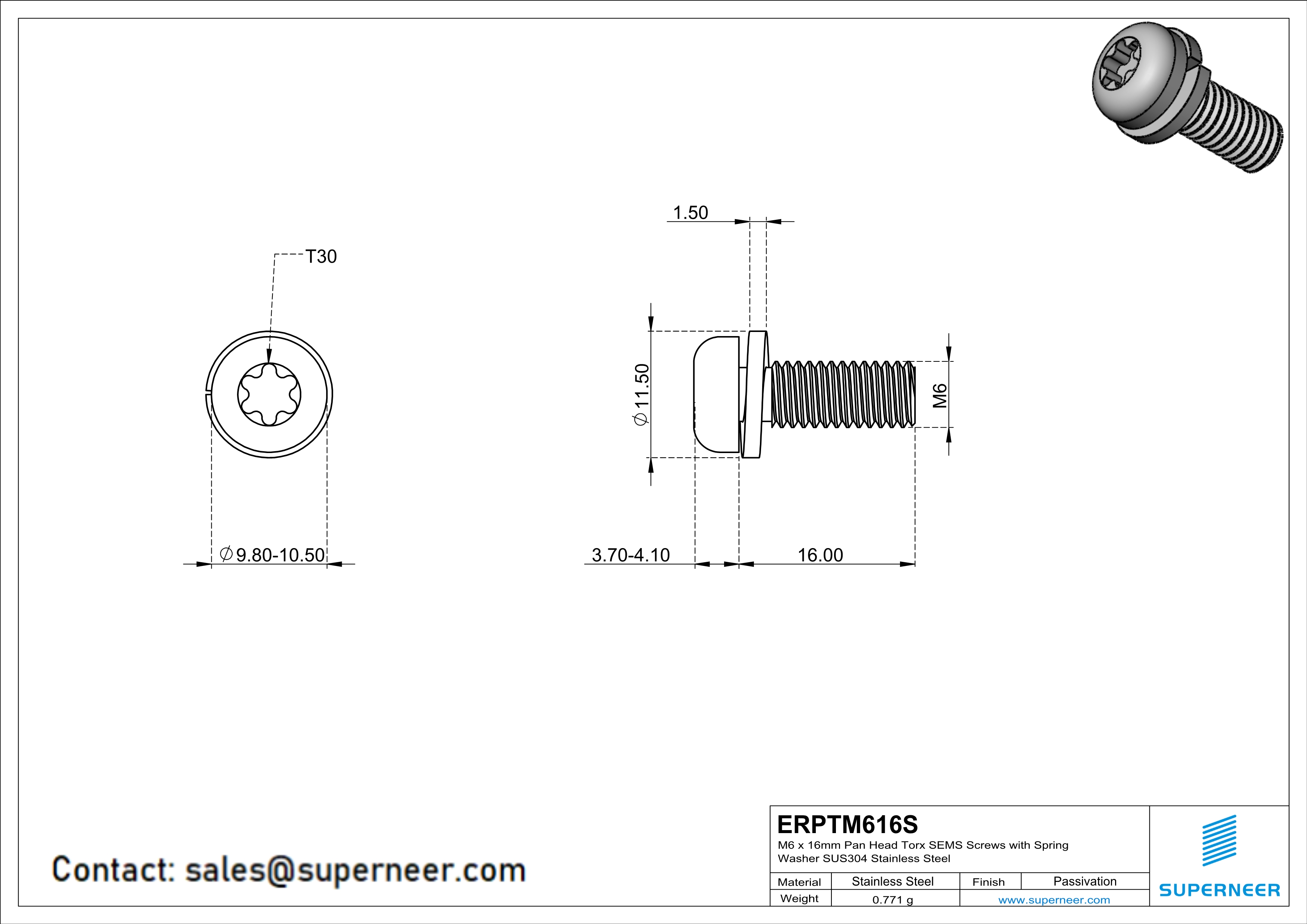 M6 x 16mm Pan Head Torx SEMS Screws with Spring Washer SUS304 Stainless Steel Inox