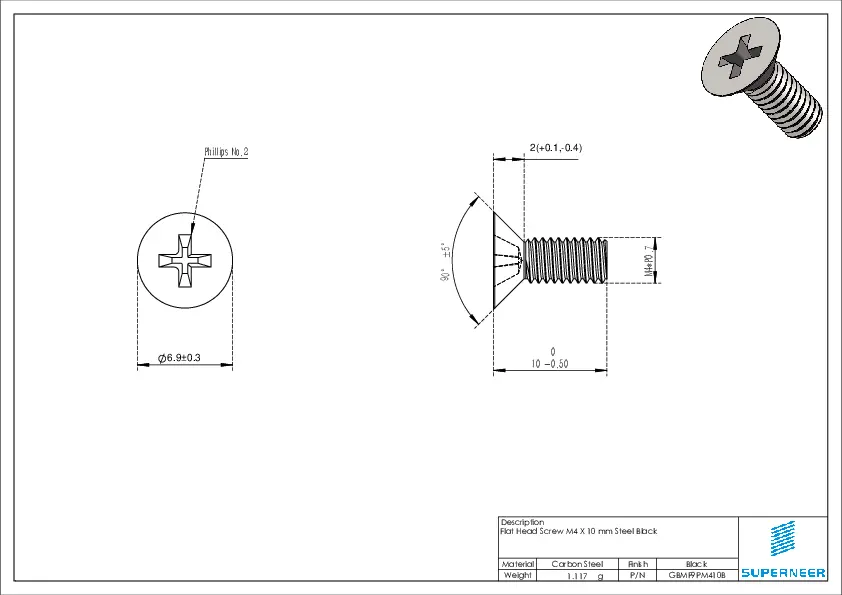 平头十字碳钢发黑M4 x 10mm螺丝 