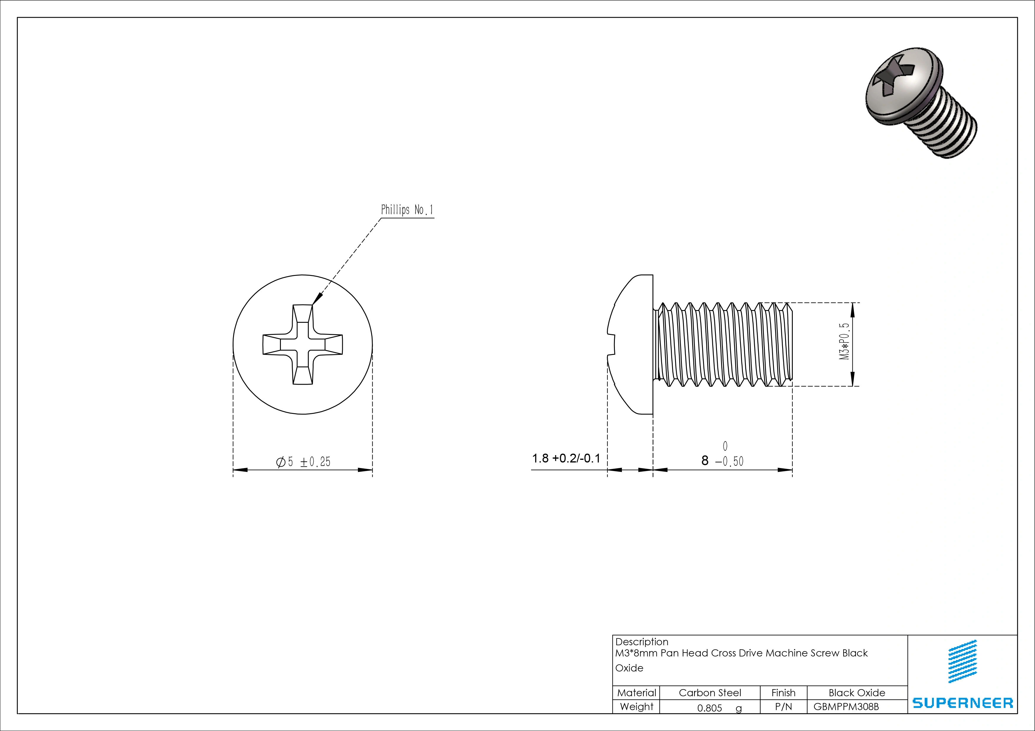 M3 X 8mm Pan Phillips Black Oxide