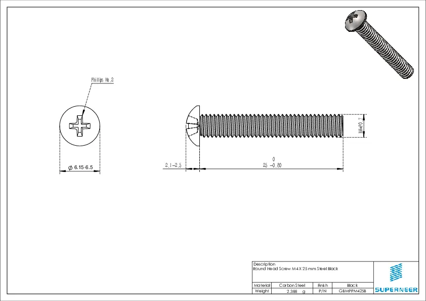 盘头十字M4 x 25mm 碳钢黑色螺丝 