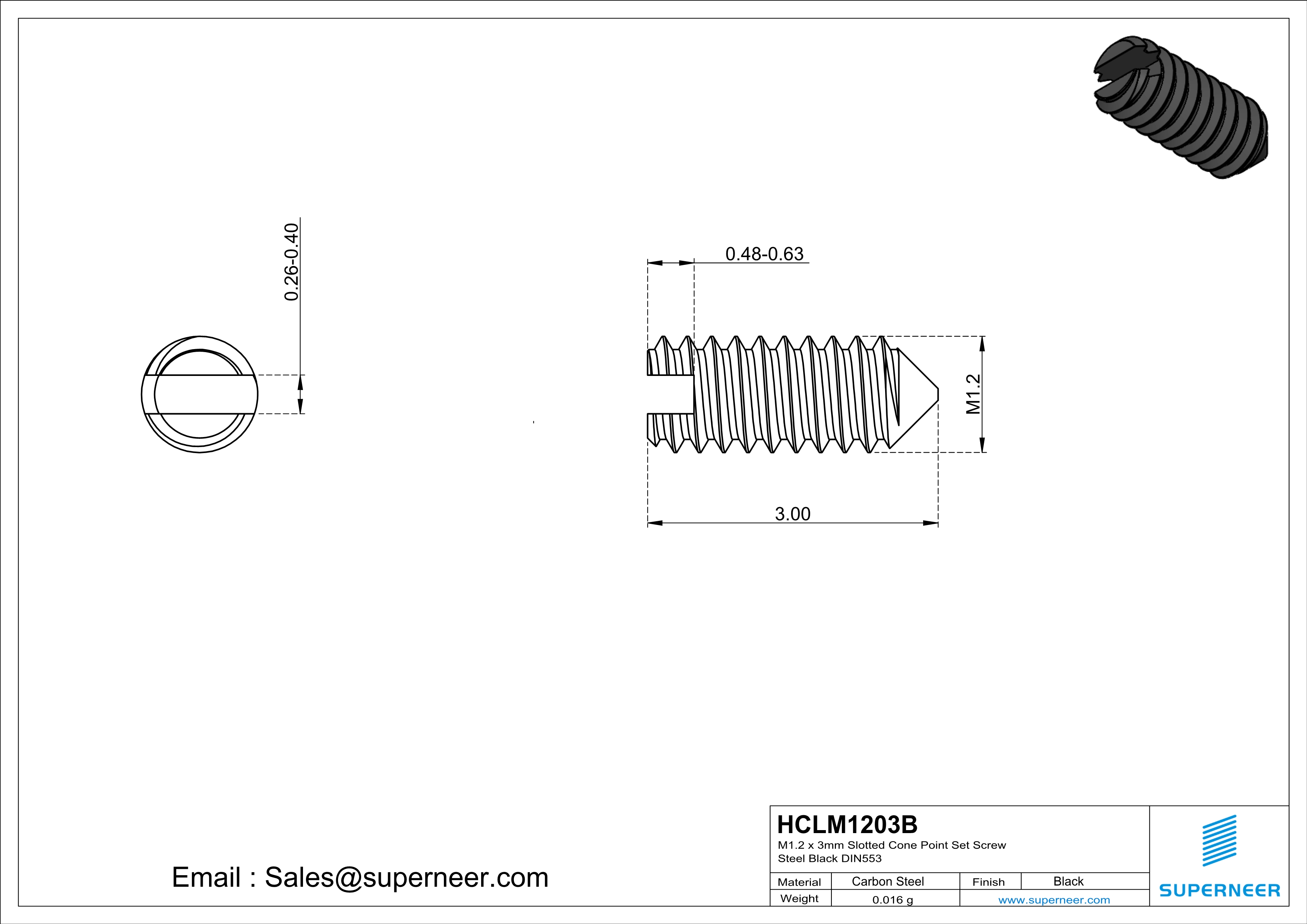 M1.2 x 3mm Slotted Cone Point Set Screw Steel Black DIN553