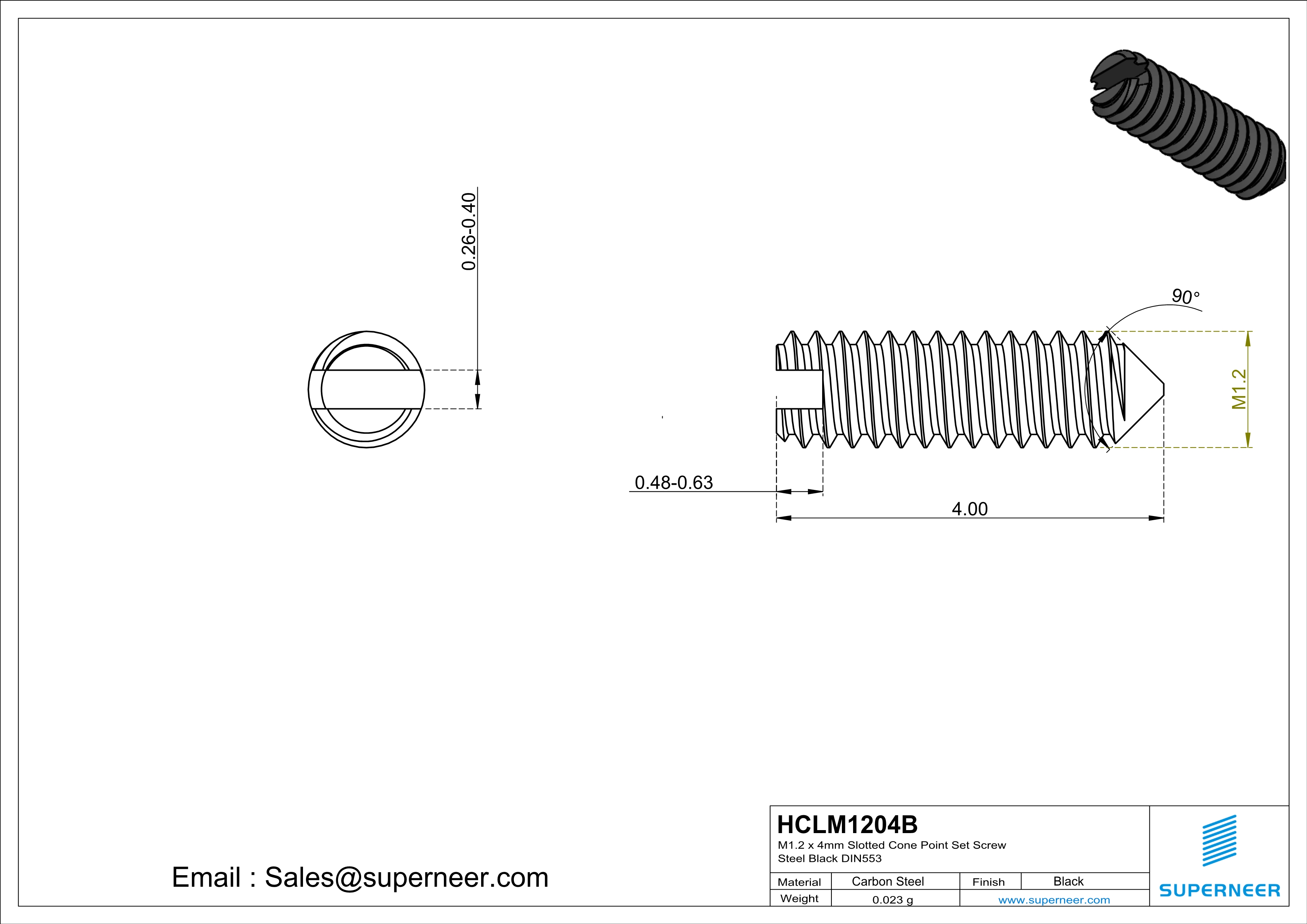 M1.2 x 4mm Slotted Cone Point Set Screw Steel Black DIN553