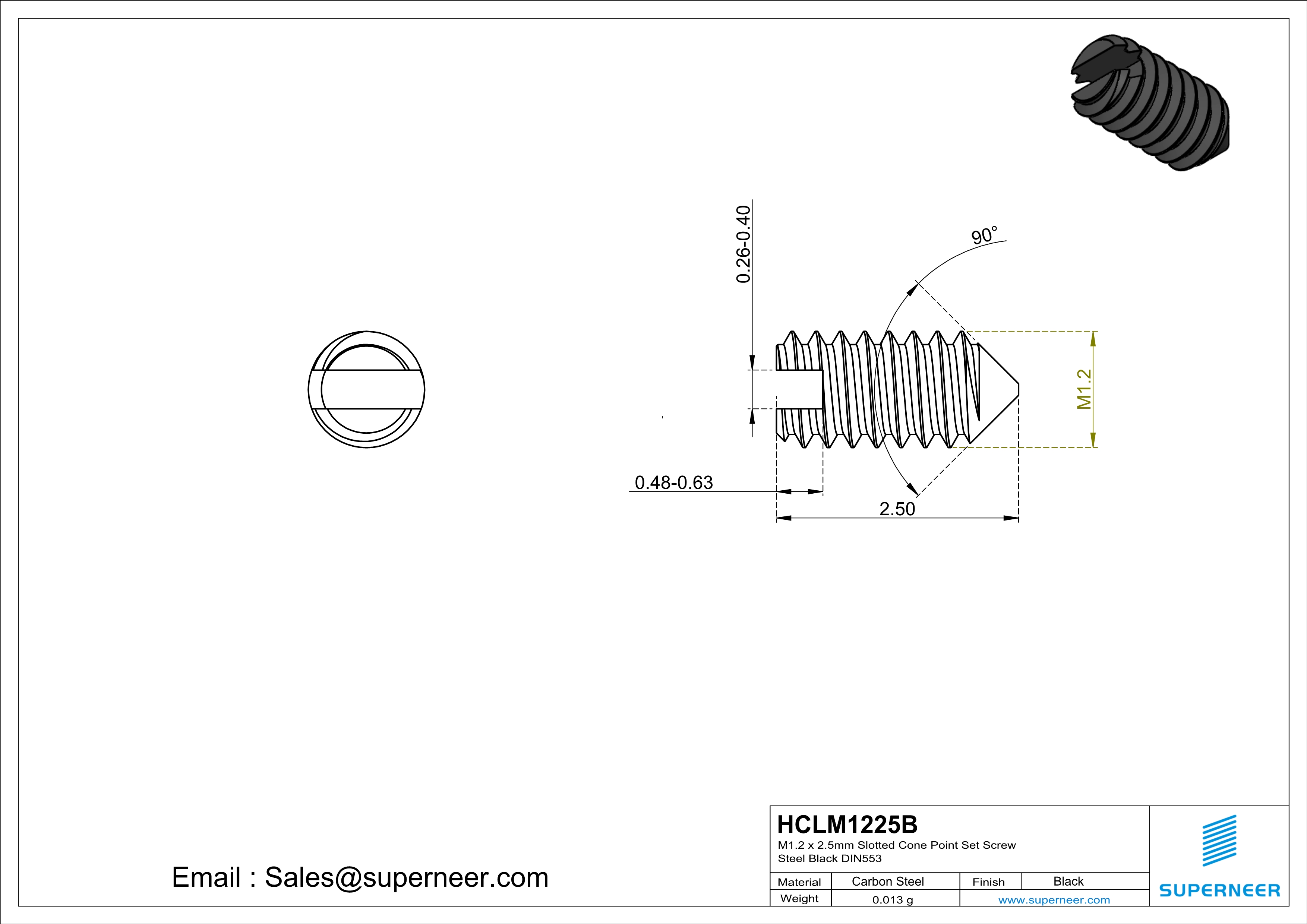 M1.2 x 2.5mm Slotted Cone Point Set Screw Steel Black DIN553