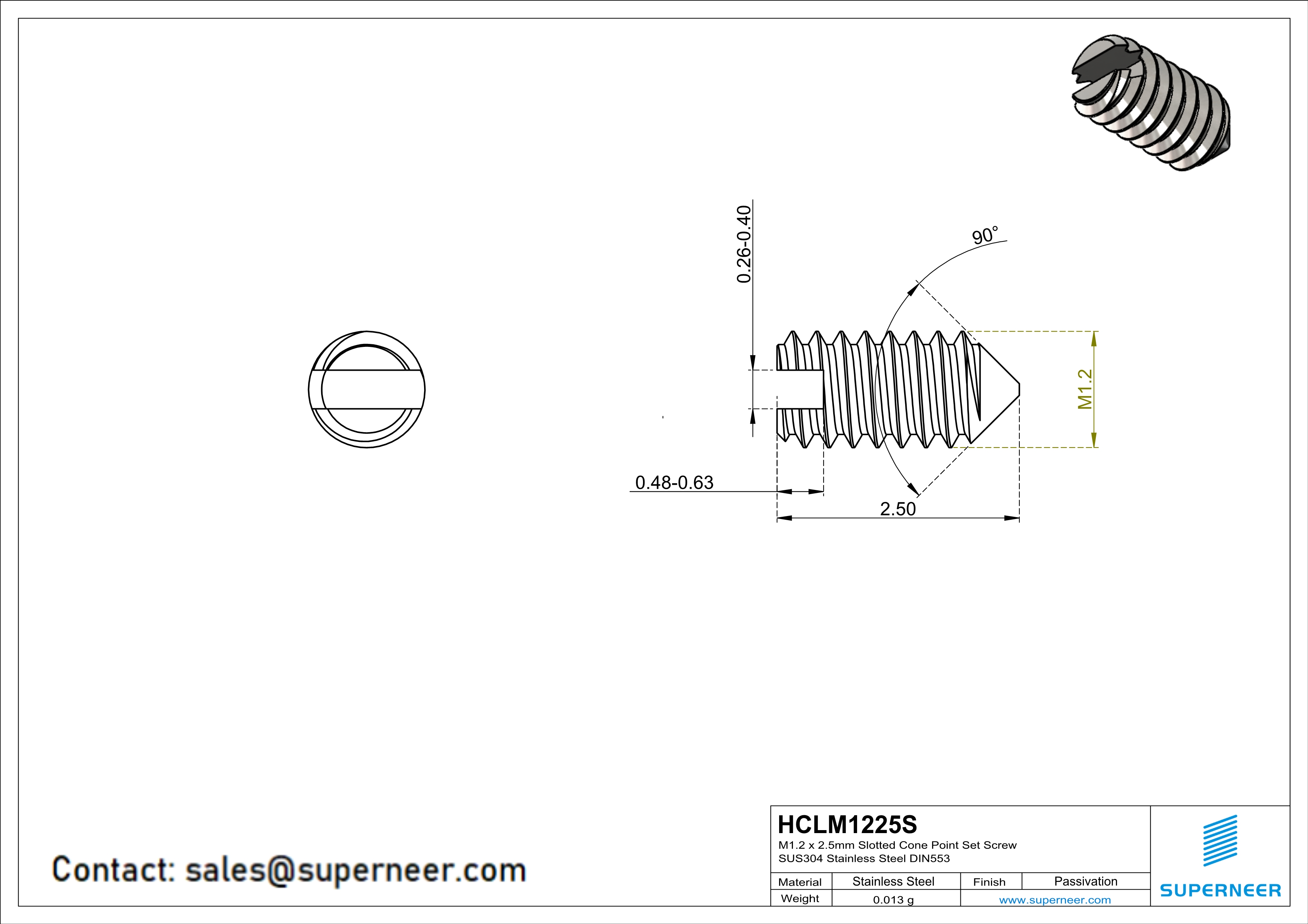 M1.2 x 2.5mm Slotted Cone Point Set Screw SUS304 Stainless Steel Inox DIN553