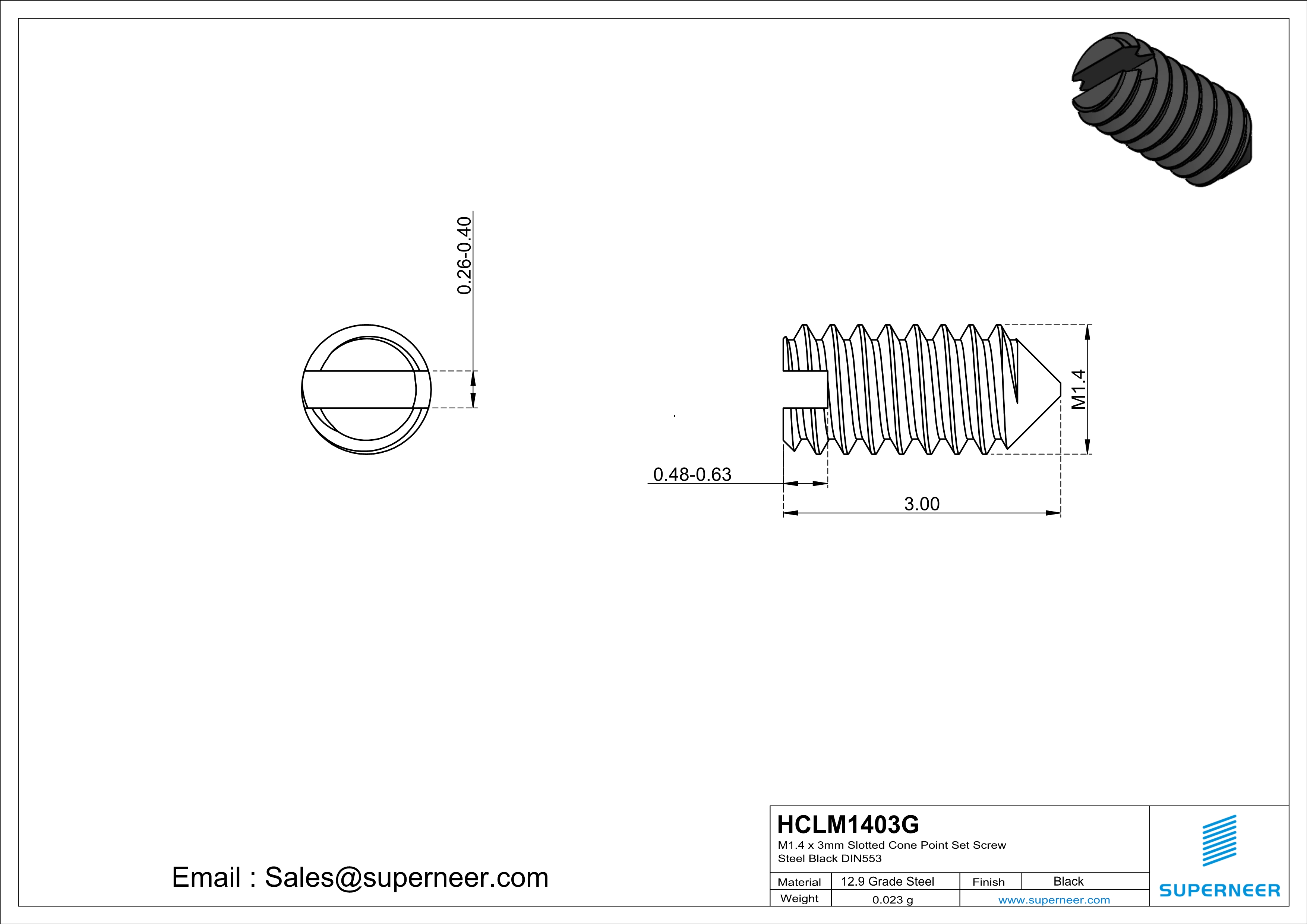 M1.4 x 3mm Slotted Cone Point Set Screw 12.9 Carbon Steel Black DIN553