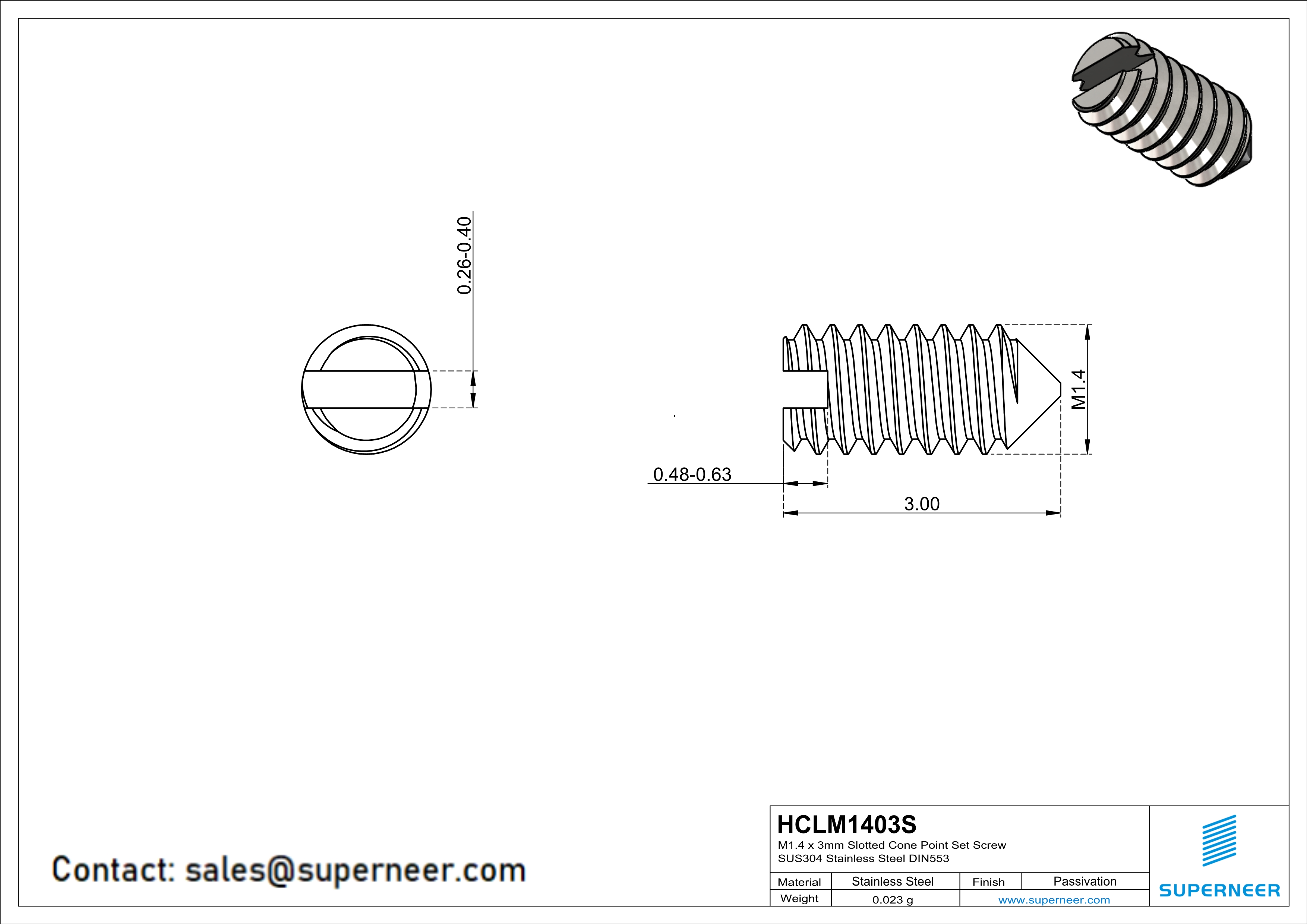 M1.4 x 3mm Slotted Cone Point Set Screw SUS304 Stainless Steel Inox DIN553