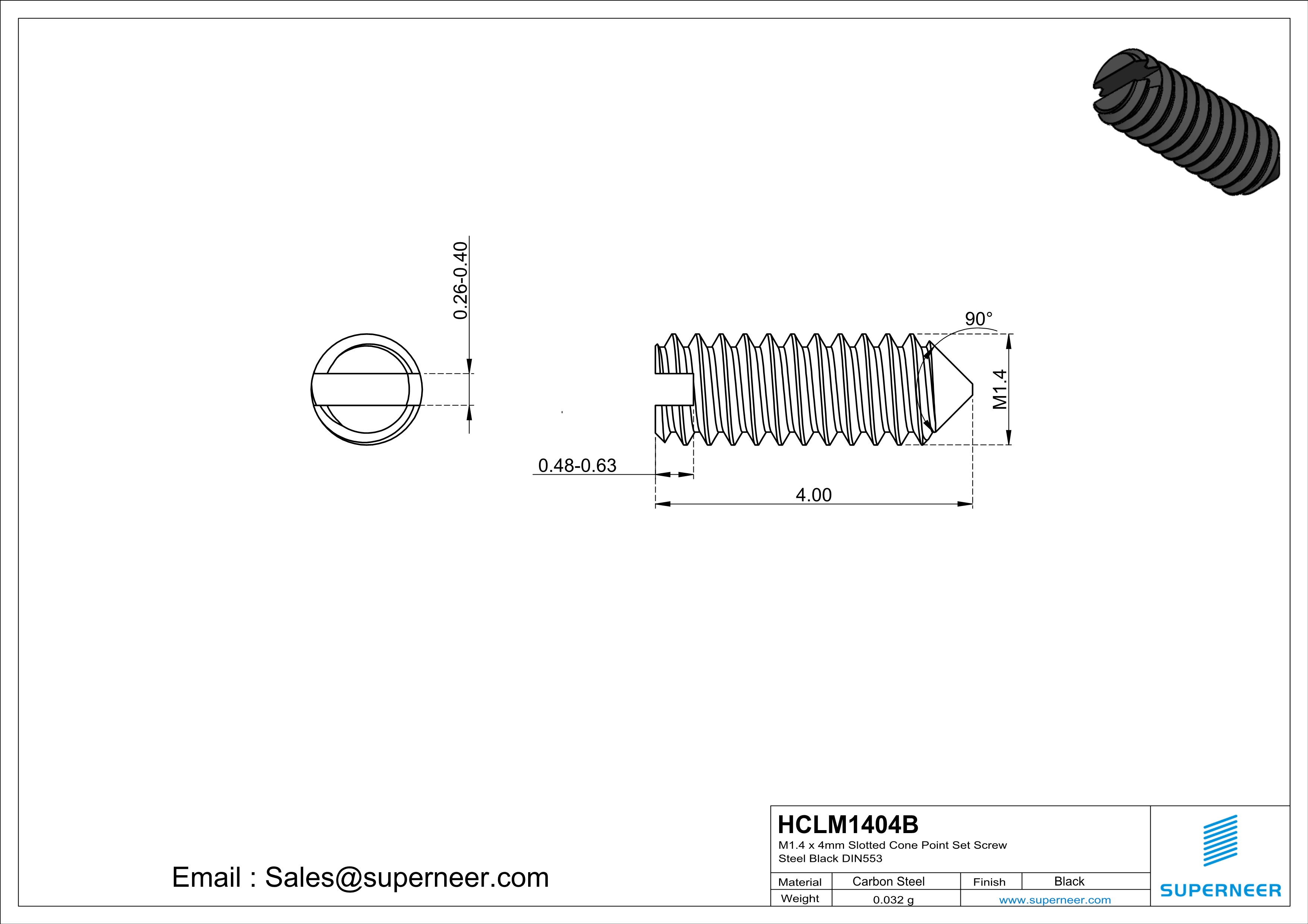 M1.4 x 4mm Slotted Cone Point Set Screw Steel Black DIN553