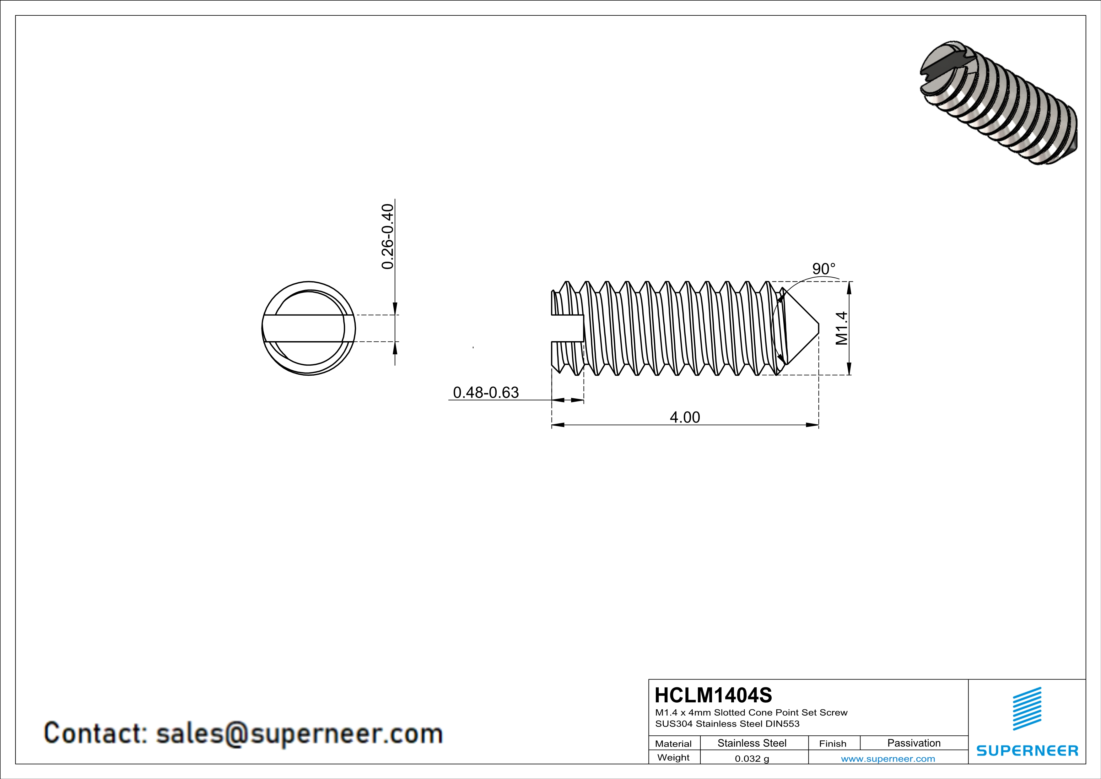 M1.4 x 4mm Slotted Cone Point Set Screw SUS304 Stainless Steel Inox DIN553