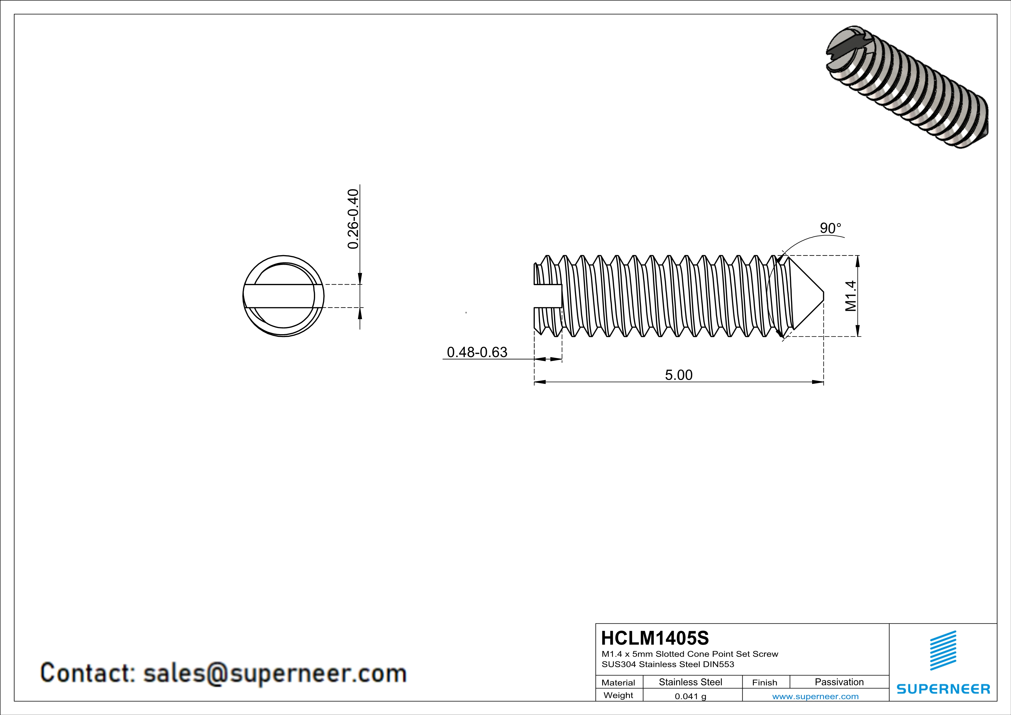 M1.4 x 5mm Slotted Cone Point Set Screw SUS304 Stainless Steel Inox DIN553