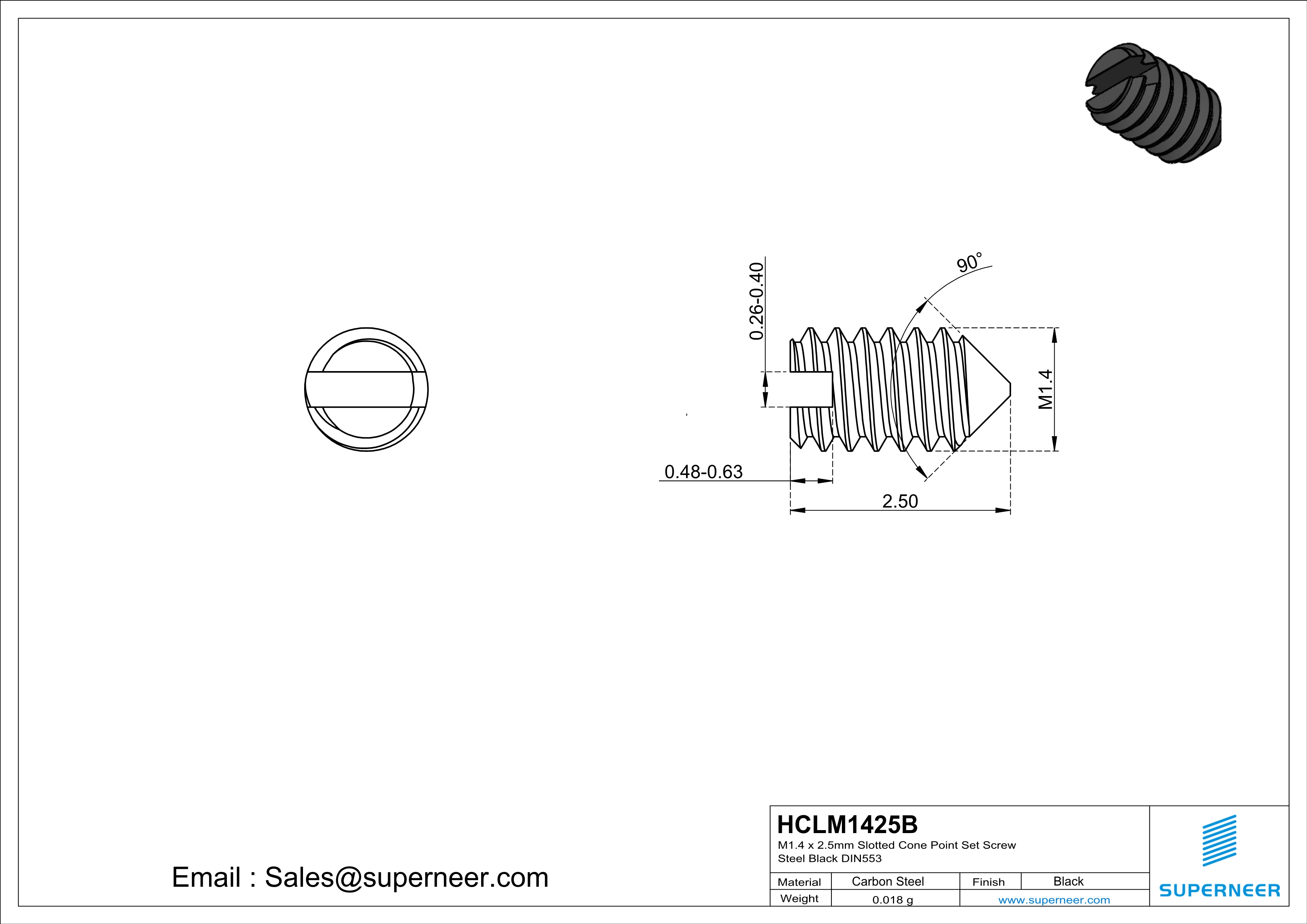 M1.4 x 2.5mm Slotted Cone Point Set Screw Steel Black DIN553