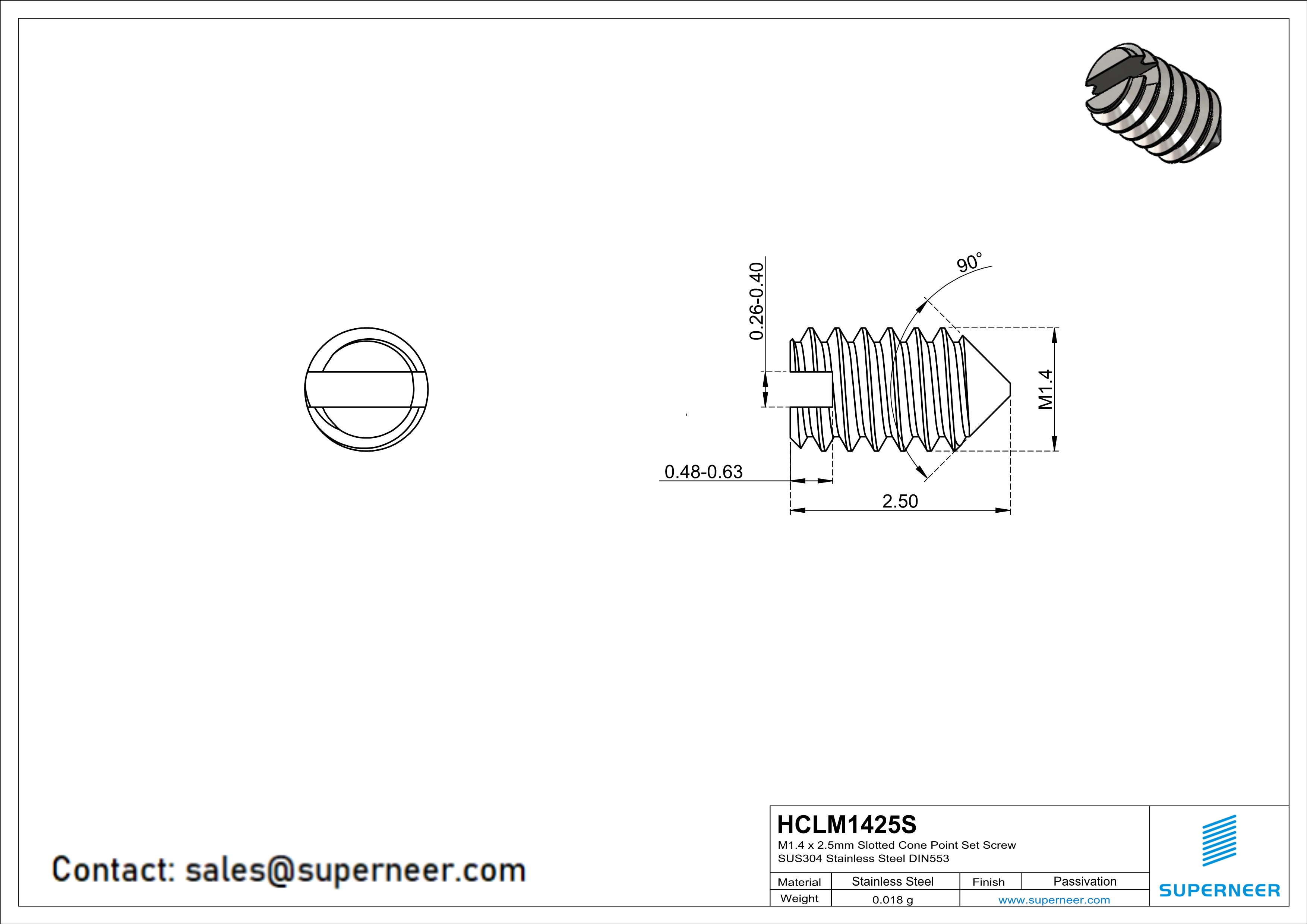 M1.4 x 2.5mm Slotted Cone Point Set Screw SUS304 Stainless Steel Inox DIN553