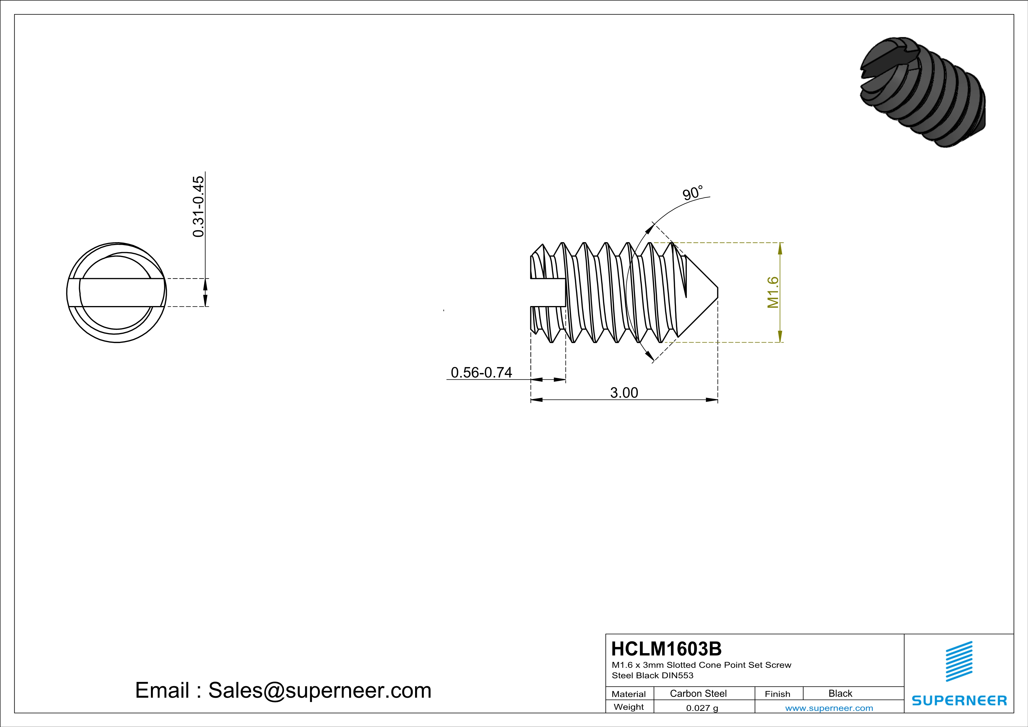 M1.6 x 3mm Slotted Cone Point Set Screw Steel Black DIN553