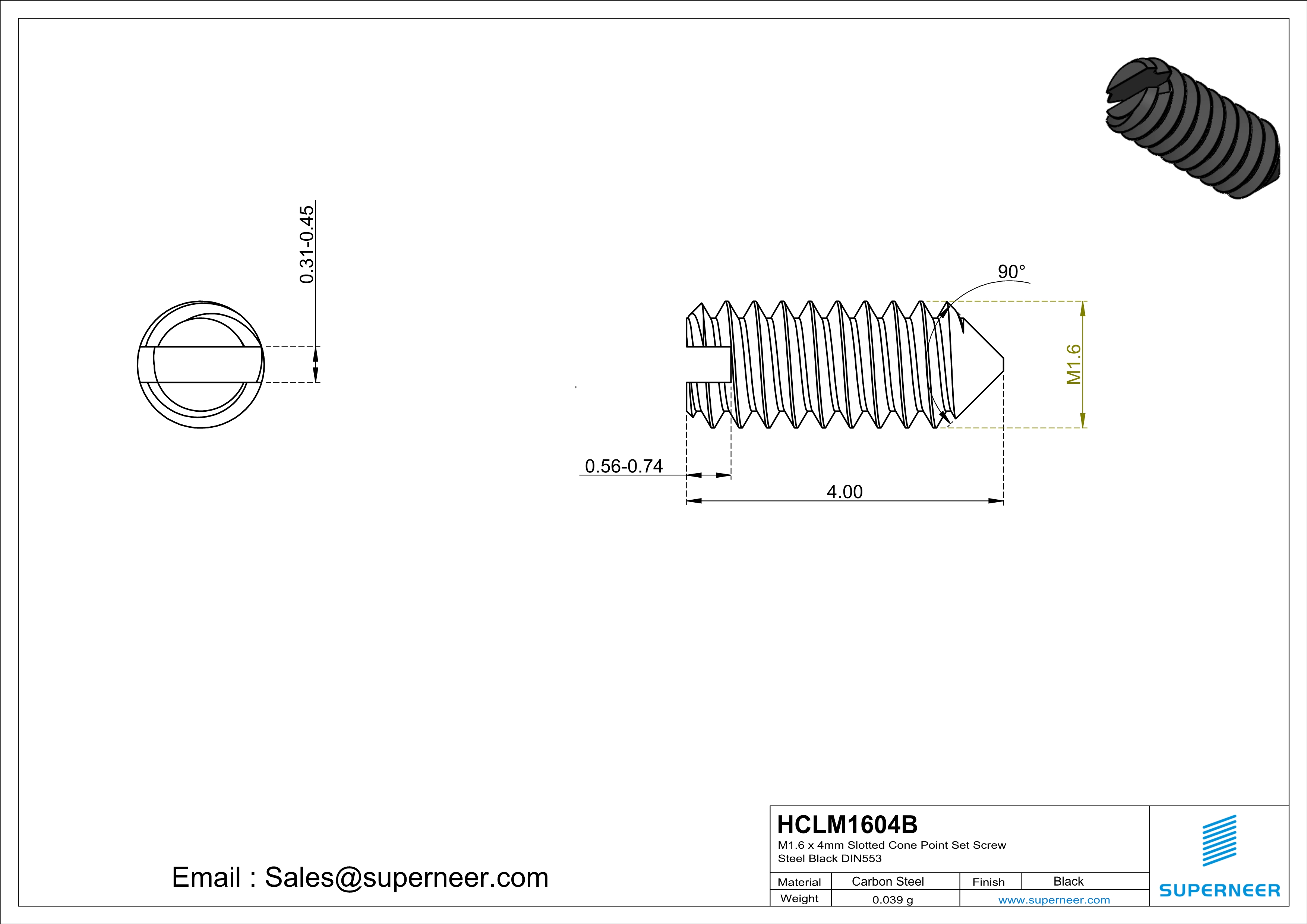 M1.6 x 4mm Slotted Cone Point Set Screw Steel Black DIN553