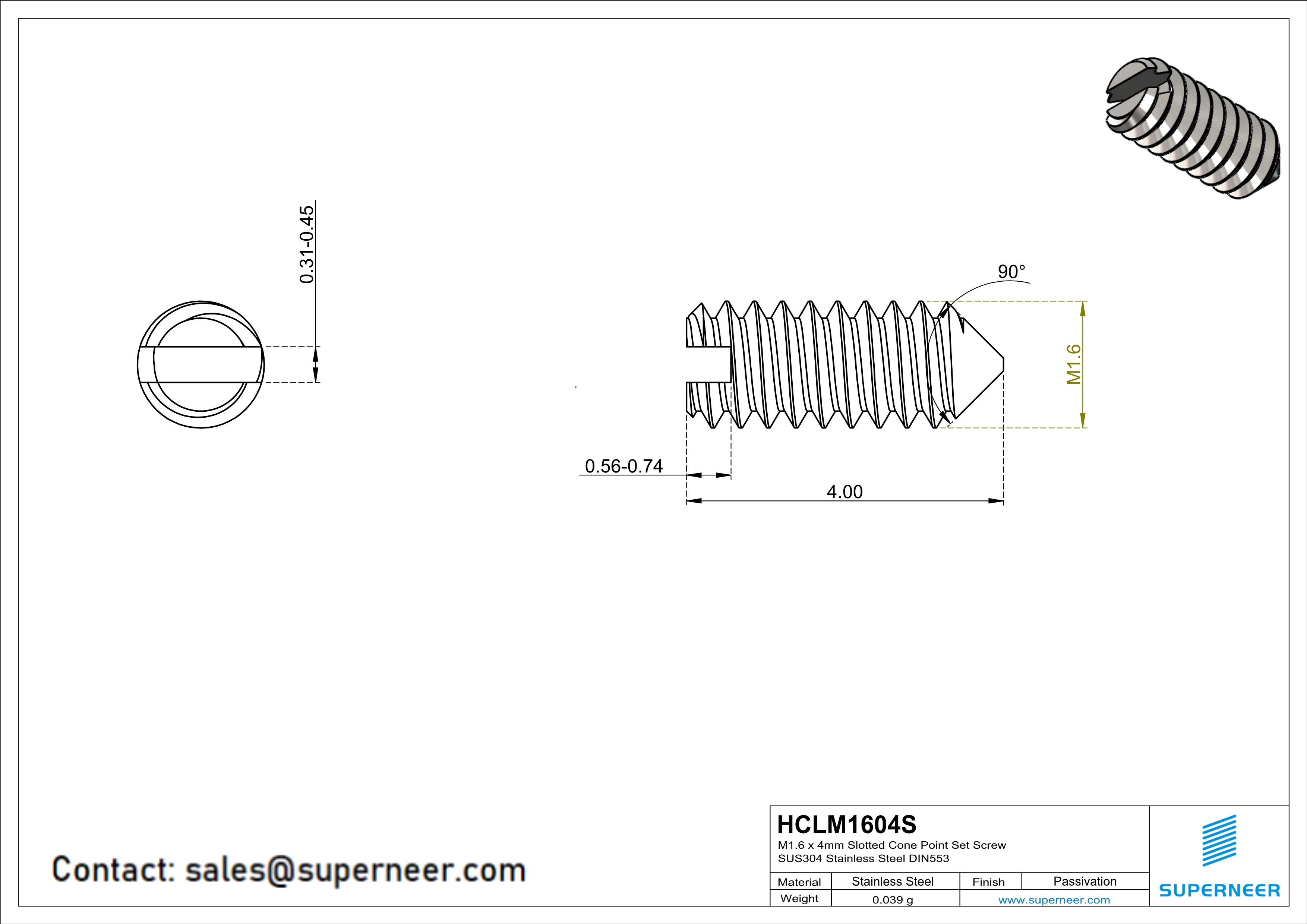 M1.6 x 4mm Slotted Cone Point Set Screw SUS304 Stainless Steel Inox DIN553